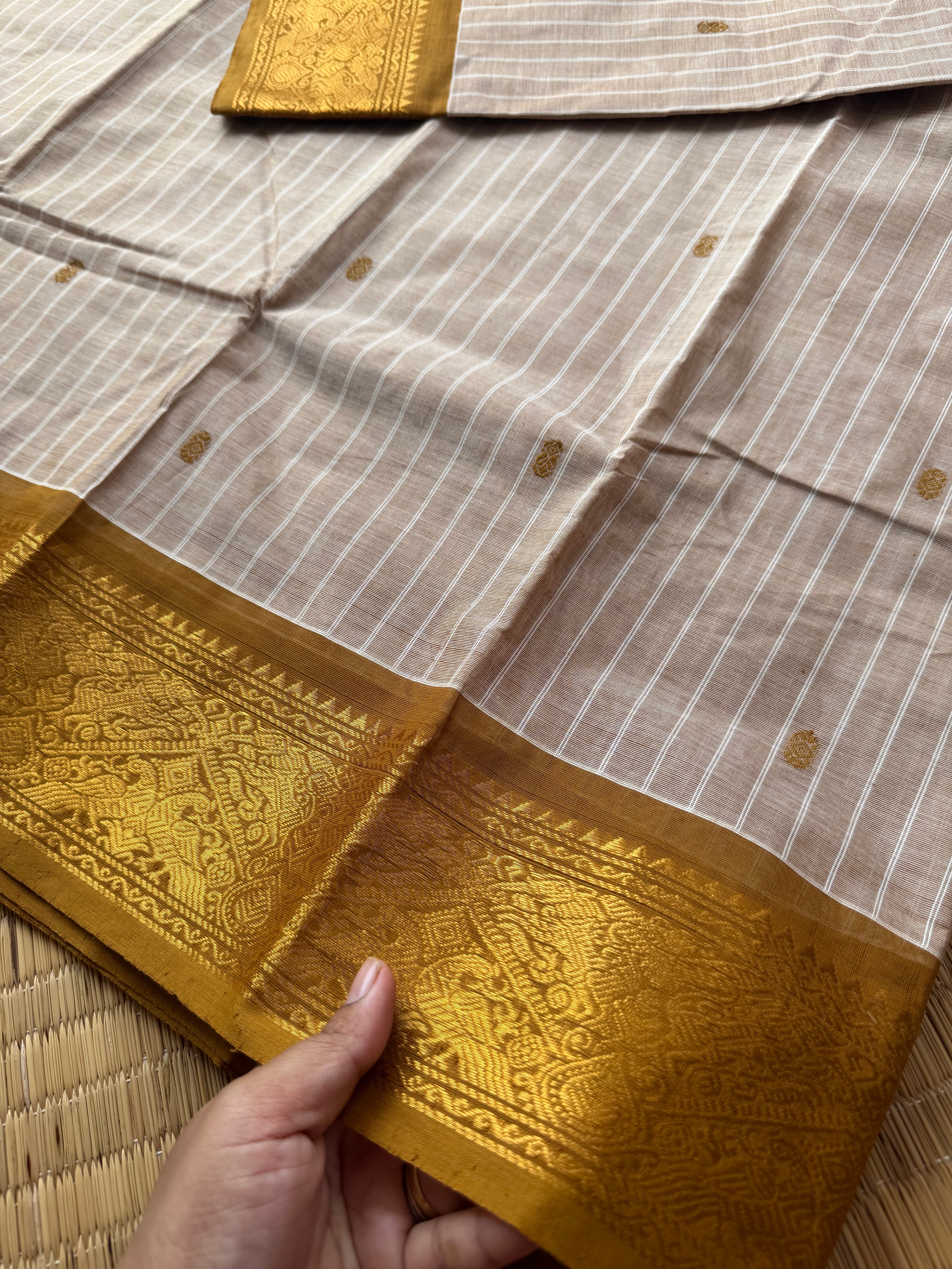 RF152 Cream with mustard yellow combination vintage Vanasingaram border Kanchi Cotton Saree with striped pattern & handmade thread buttas