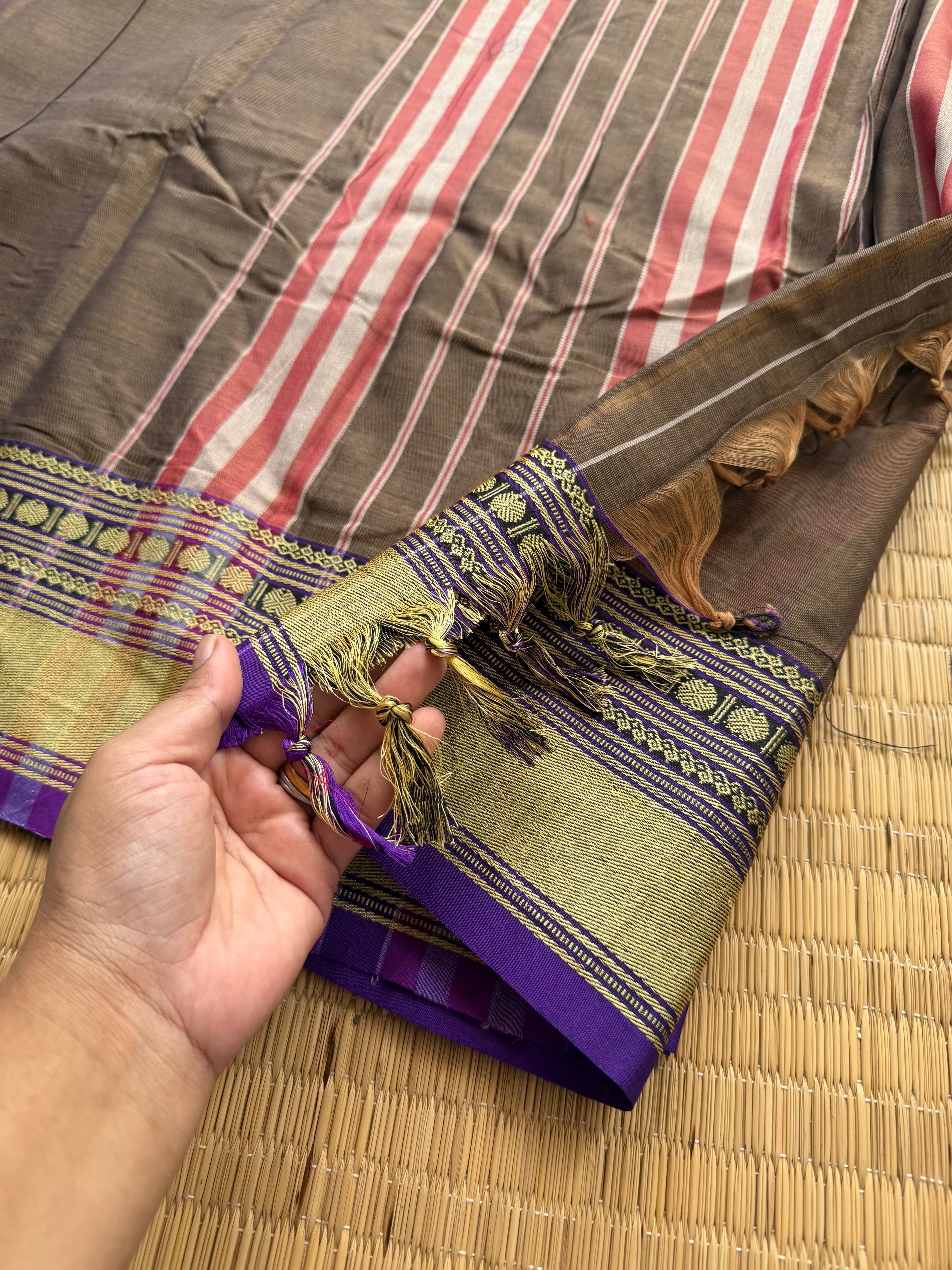 RF151 Grey shade Narayanpet Mercerised cotton saree with purple shade handwoven thread border