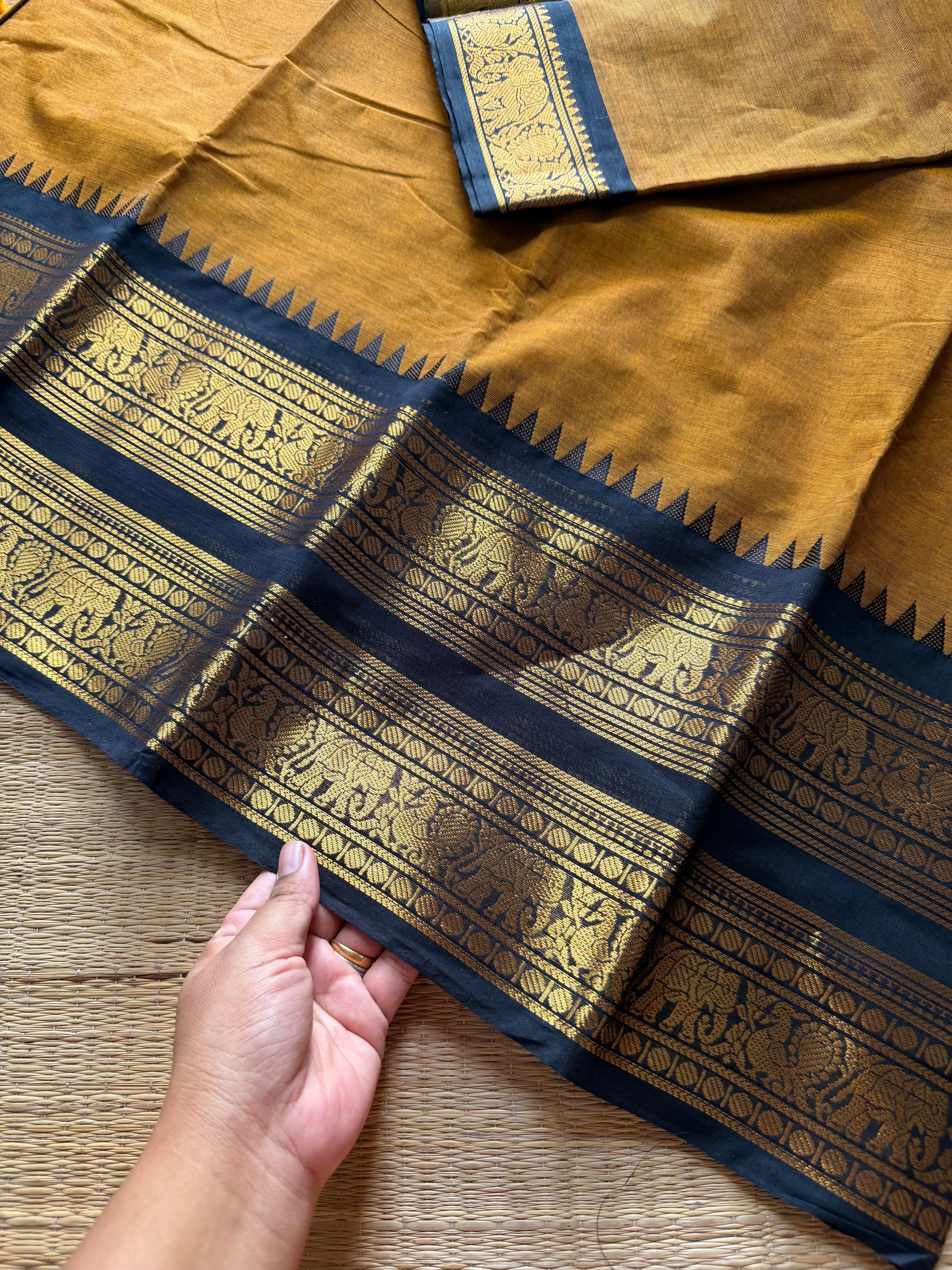 RF1366 Mustard with black ~ Kanchi Cotton Rettapet border Kanchi cotton