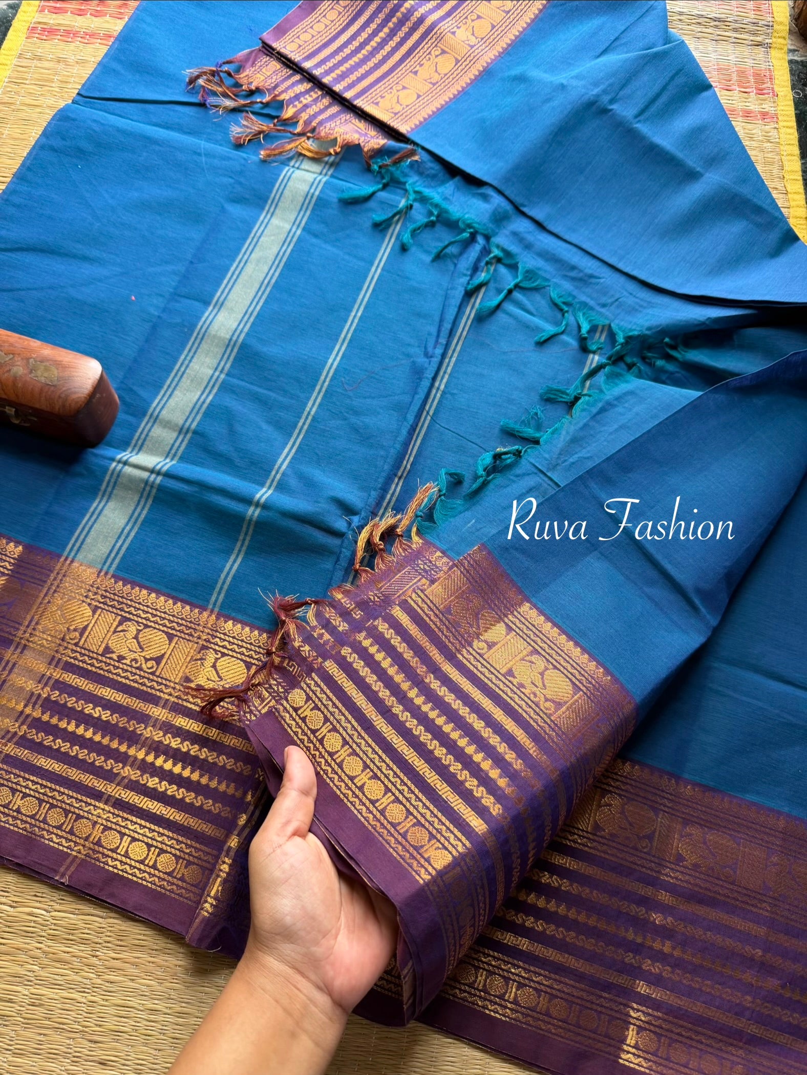 RF78 Dark blue Shade with contrast purple Varisaipet border Kanchi cotton saree