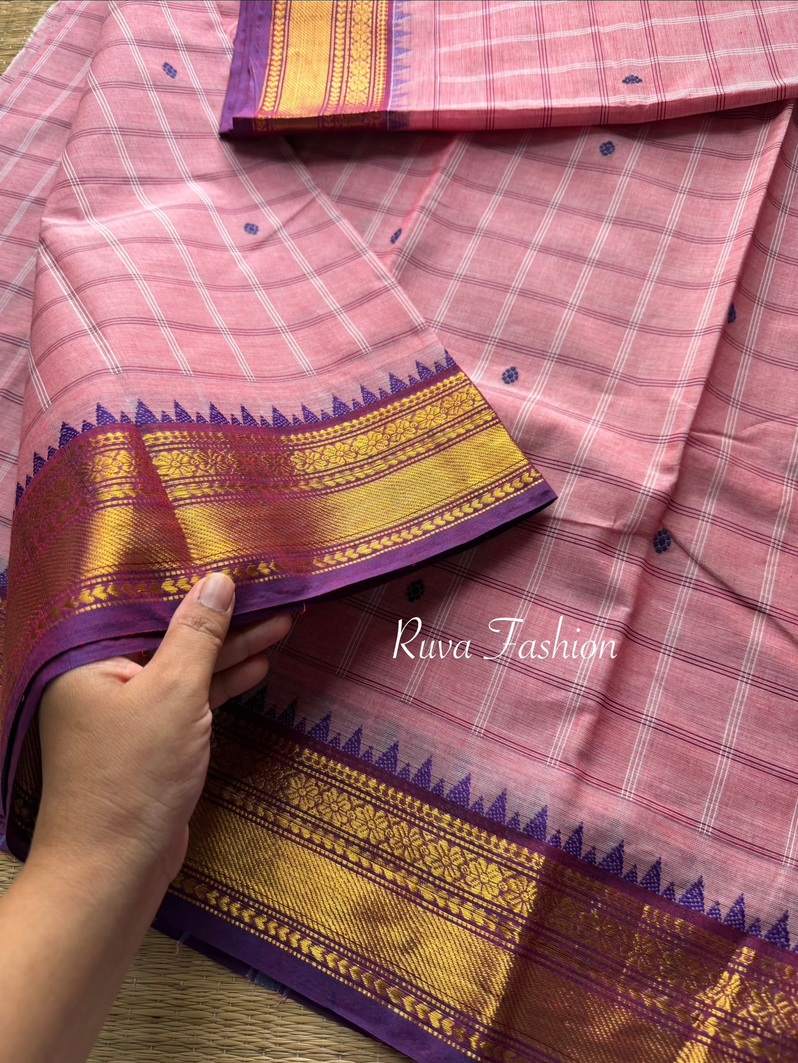 RF91 Pastel Pink & Purple Shade Combination Kanchi cotton saree with  small contrast border , checks pattern and handmade thread buttas
