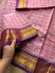 RF91 Pastel Pink & Purple Shade Combination Kanchi cotton saree with  small contrast border , checks pattern and handmade thread buttas