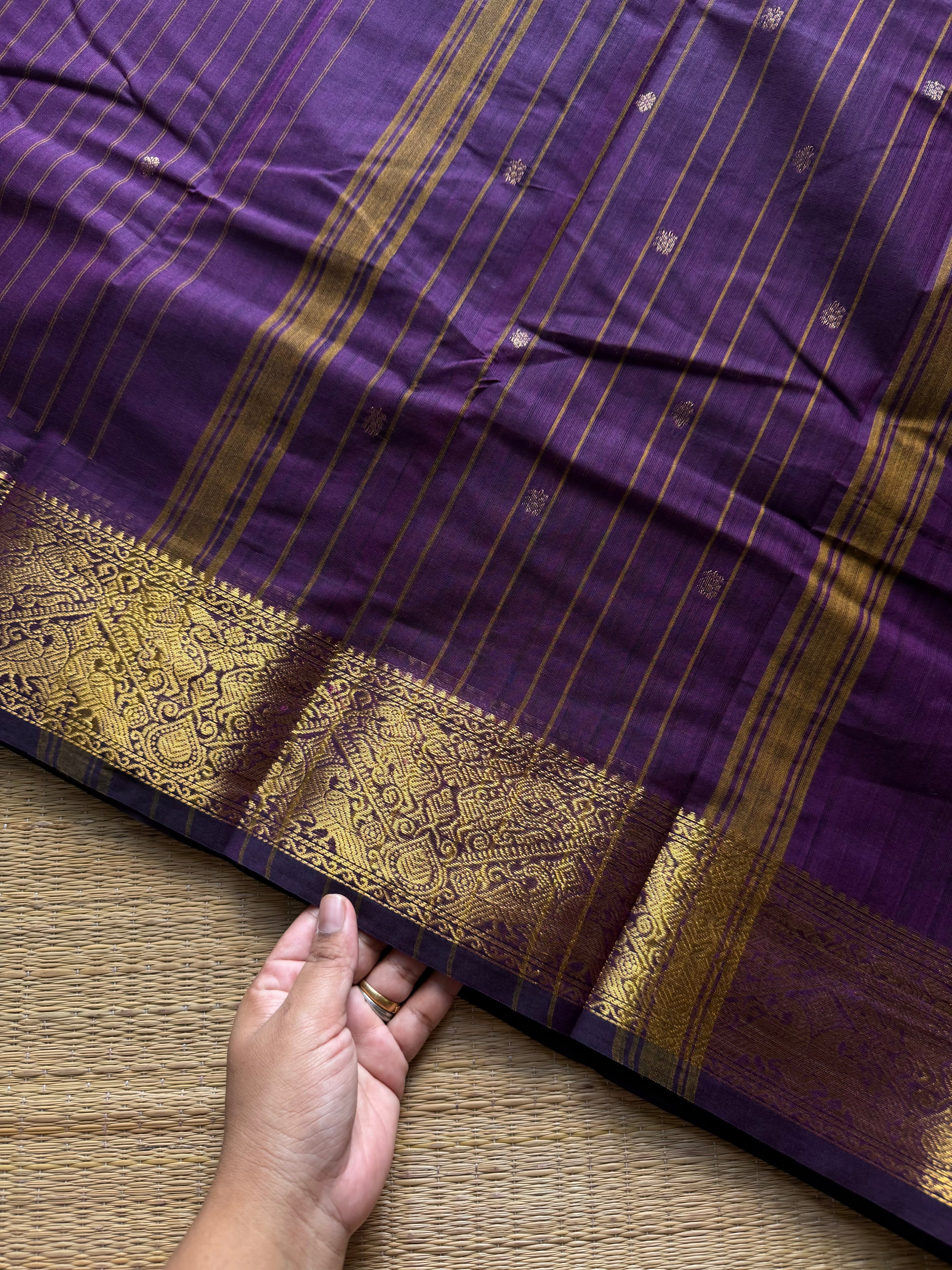 RF1407 Purple ~ Vanasingaram border Kanchi cotton saree with handmade thread buttas