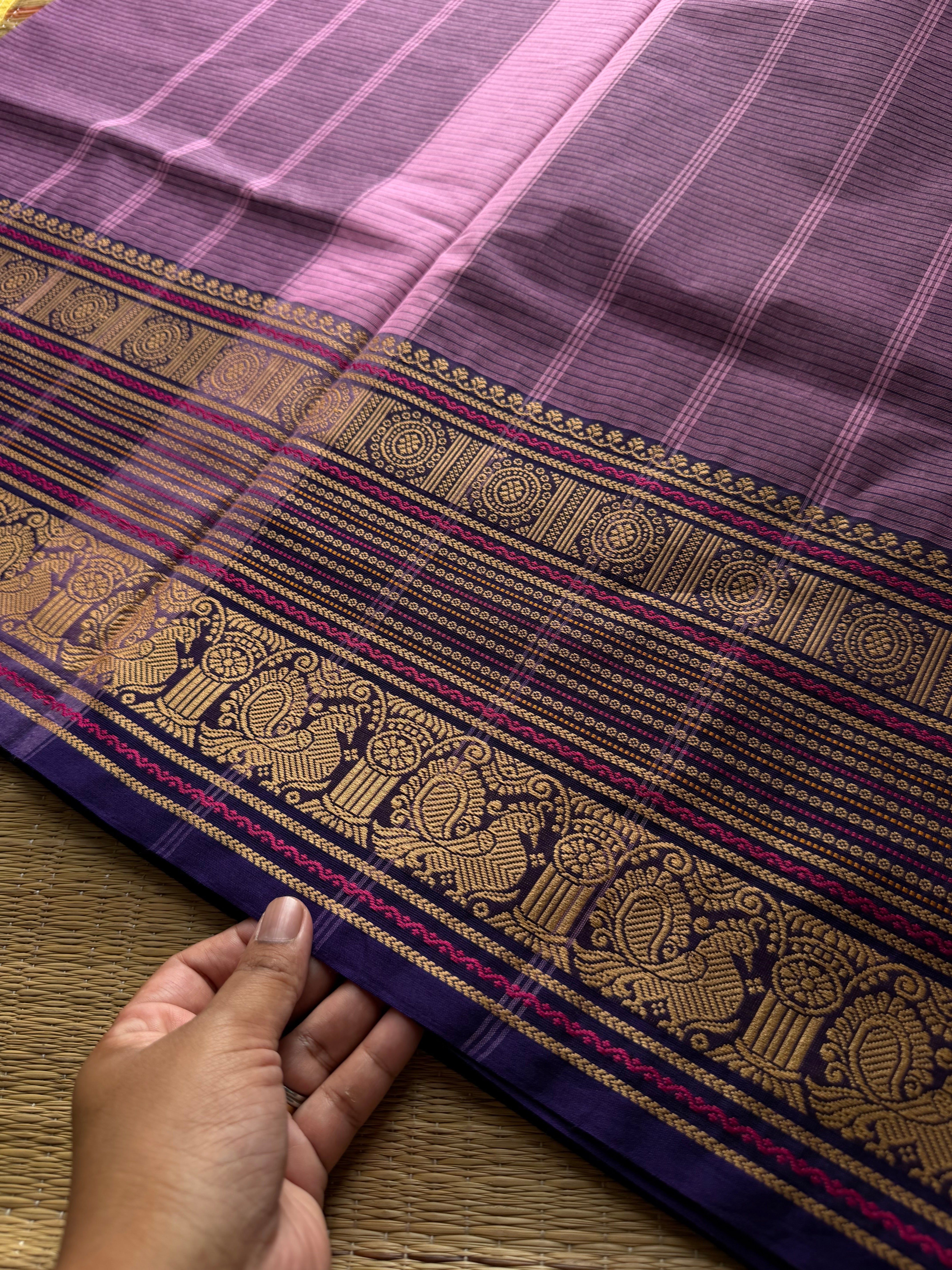 RF909 Lavender ~ Soft Thread border Kanchi cotton saree with small stripped lines pattern