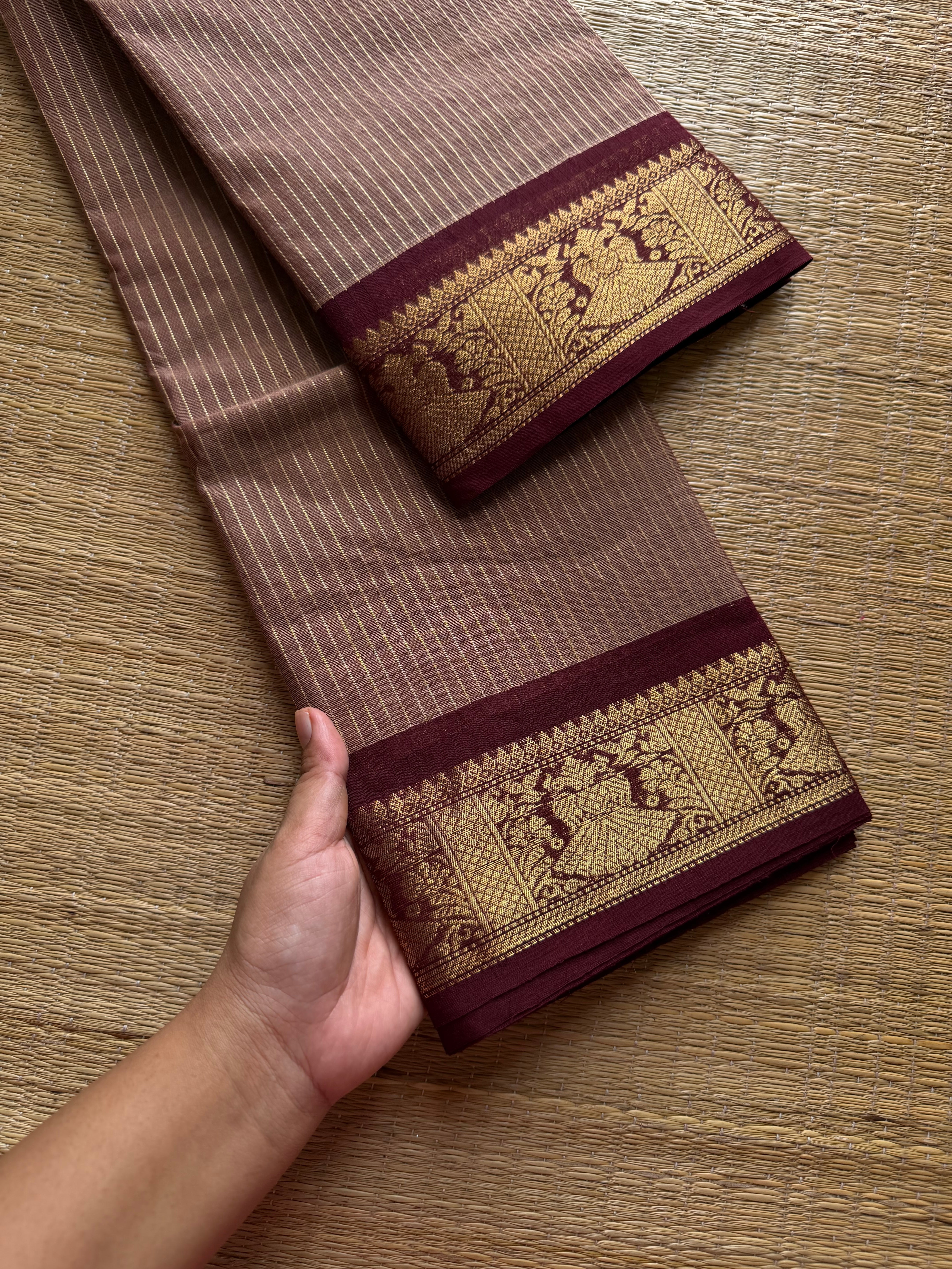 RF501 Biscuit shade with coffee brown combination Vairaoosi pattern Kanchi cotton saree