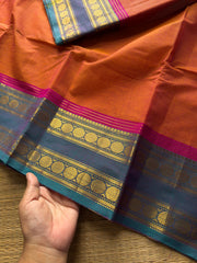 RF769 Dual tone orange shade Kanchi cotton saree with multi color border