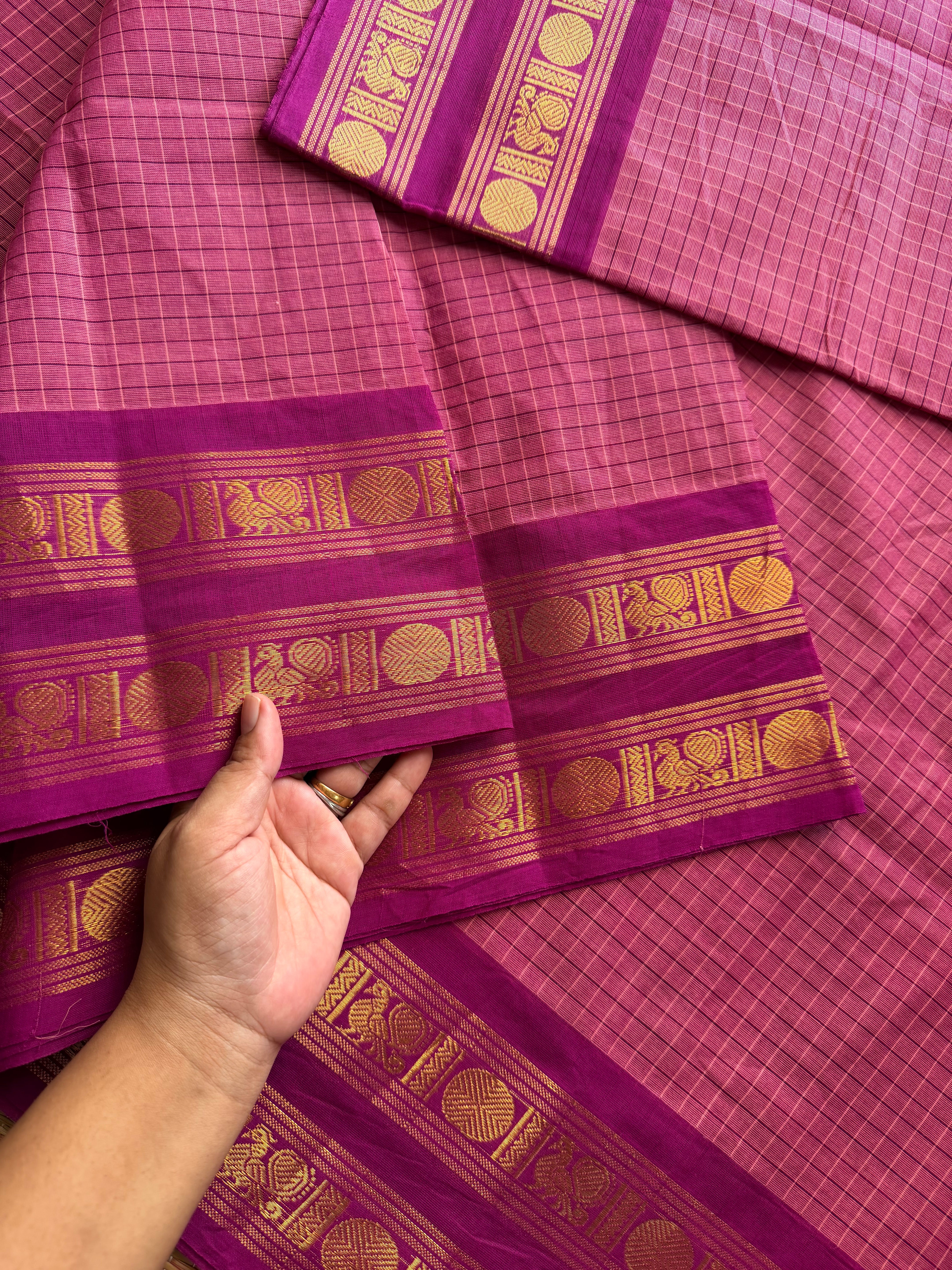 RF474 Traditional Kanchi Kattam / checks pattern saree in pastel pink shade and contrast magenta pink Retta Pet border