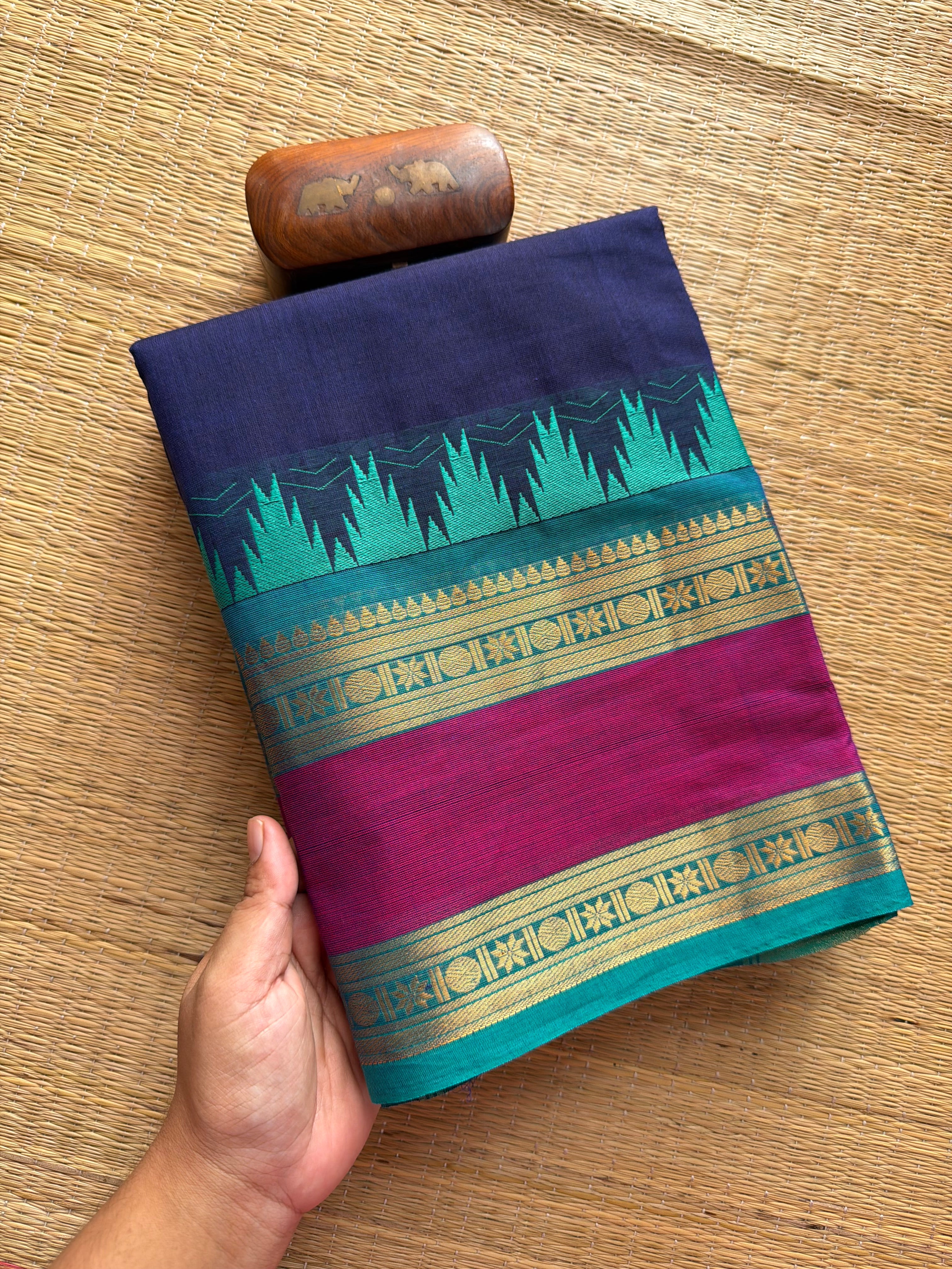 RF308 Navy Blue with sky blue combination Kanchi cotton saree with Rettapet border and unique Thazhampoo pattern