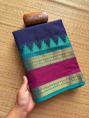 RF308 Navy Blue with sky blue combination Kanchi cotton saree with Rettapet border and unique Thazhampoo pattern