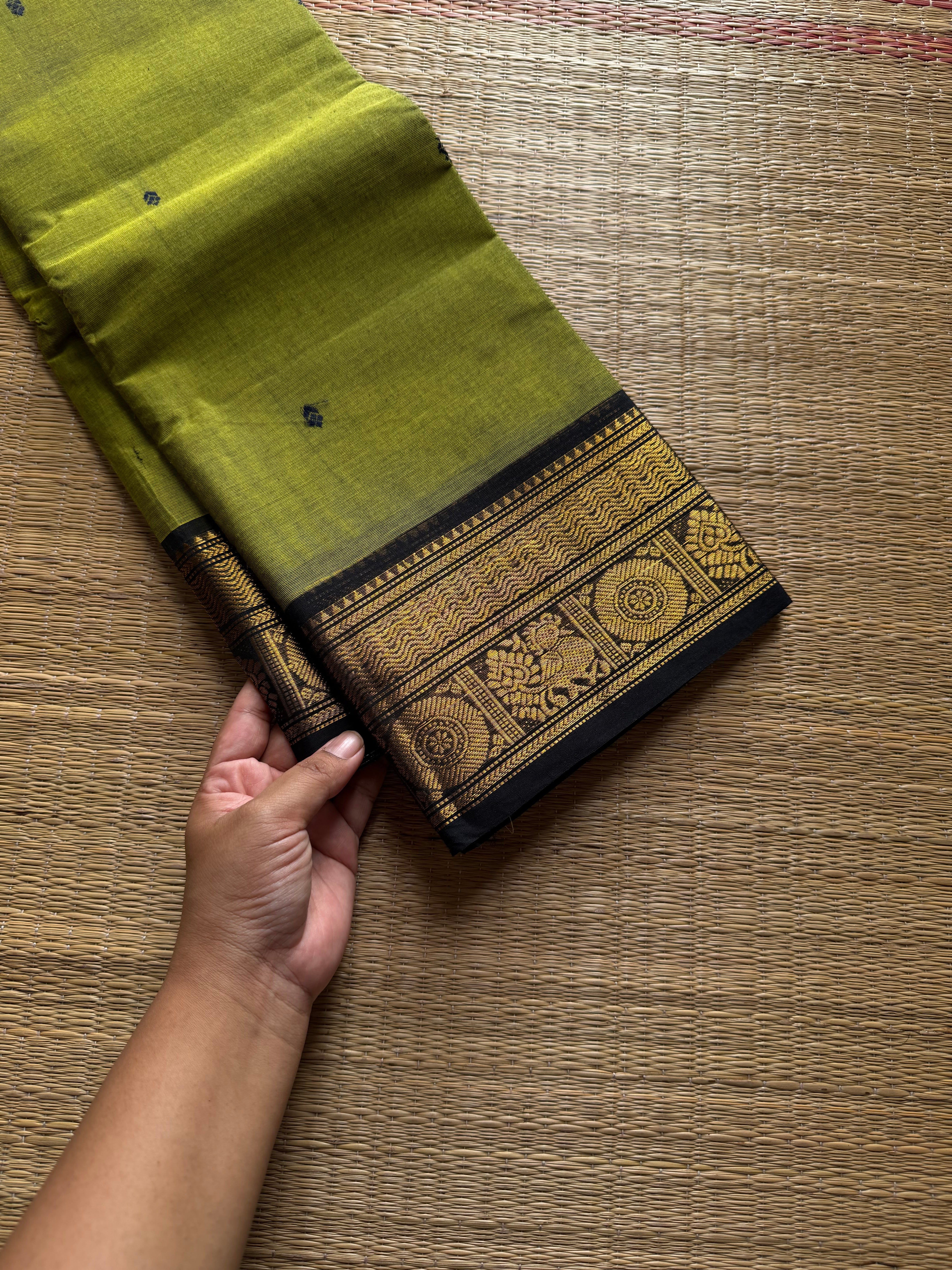 RF852 Green with black Kanchi cotton saree with handmade thread buttas
