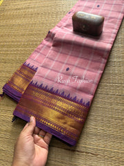 RF91 Pastel Pink & Purple Shade Combination Kanchi cotton saree with  small contrast border , checks pattern and handmade thread buttas