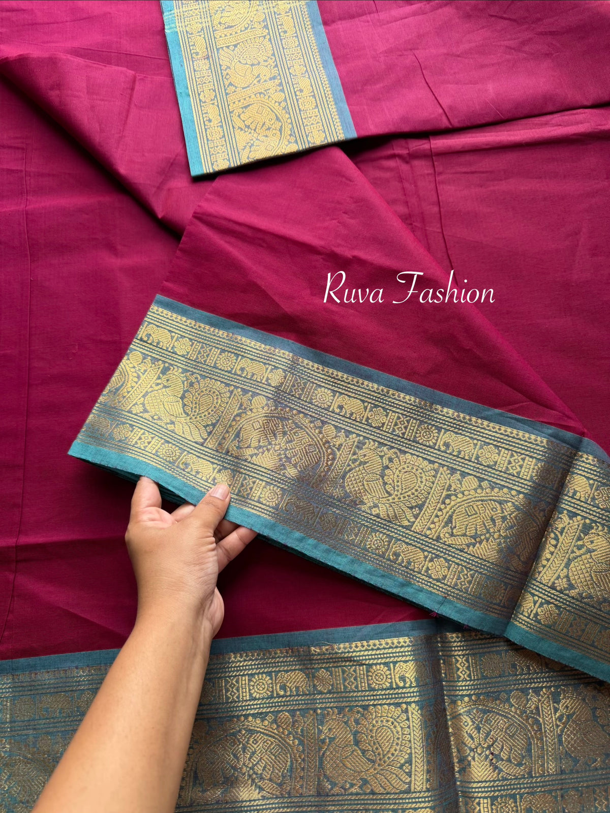 RF110 Magenta Pink Shade with contrast sky blue combination Vintage Silk Saree inspired Kanchi cotton saree