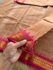 Beige with pink combination Podi Kattam Kanchi cotton saree with small border