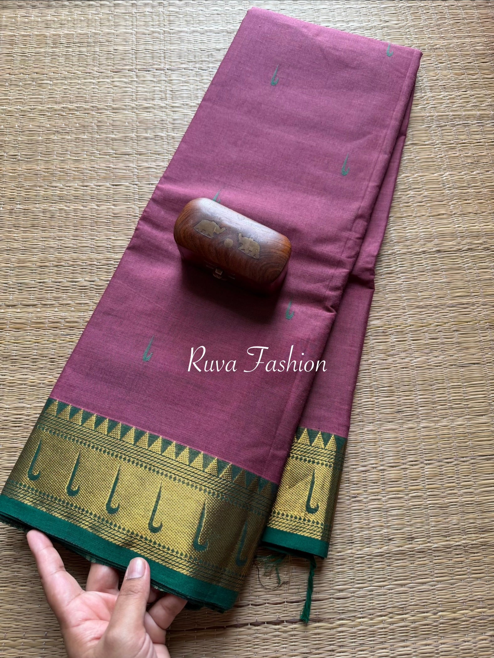 RF47 Dark Mauve Pink with contrast green paithani border Kanchi cotton saree with handmade thread buttas