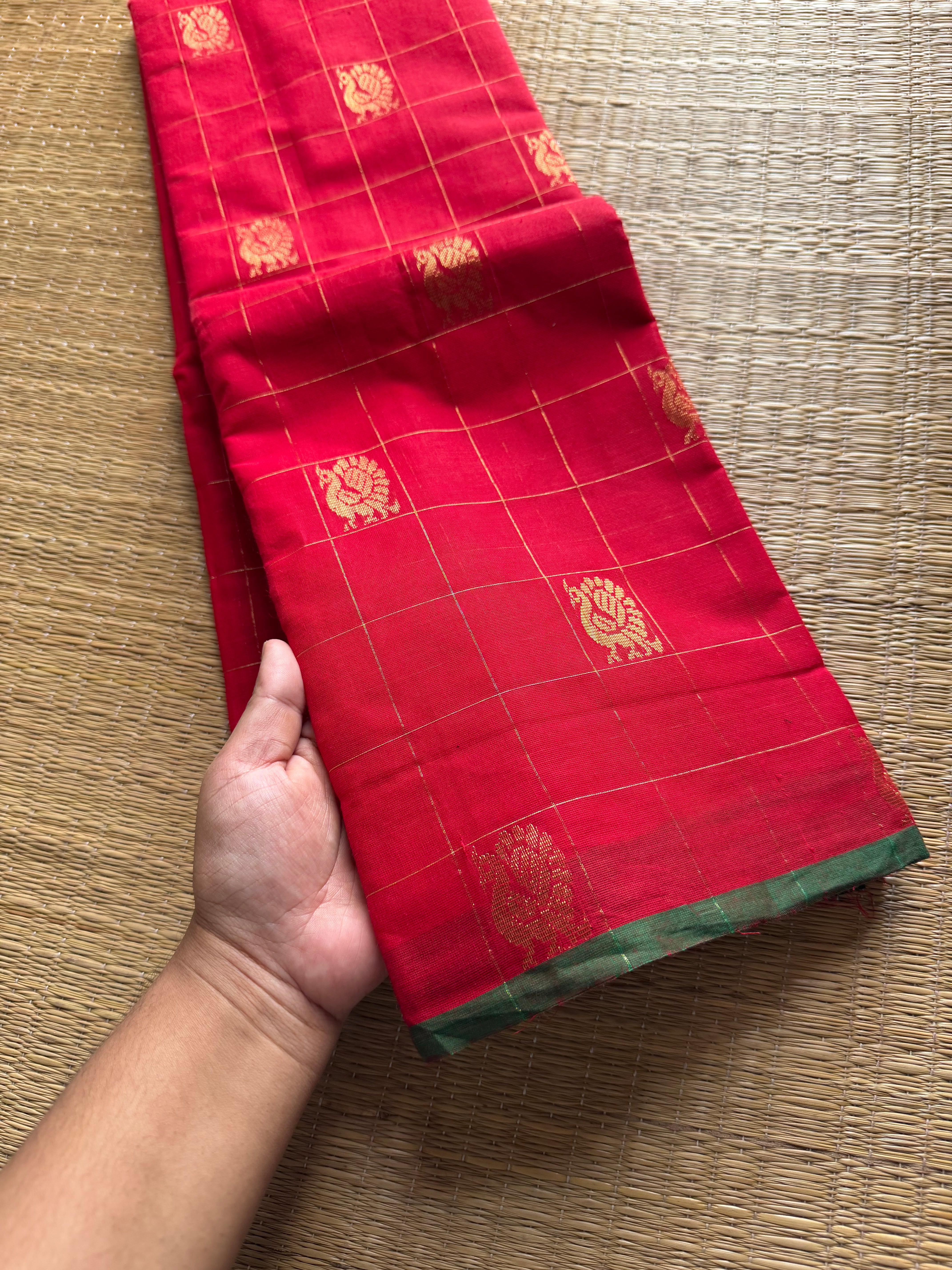RF354 Red & Green Combination Premium Kanchi cotton saree with golden Zari checks pattern & Annam Buttas and intricate Zari woven Pallu