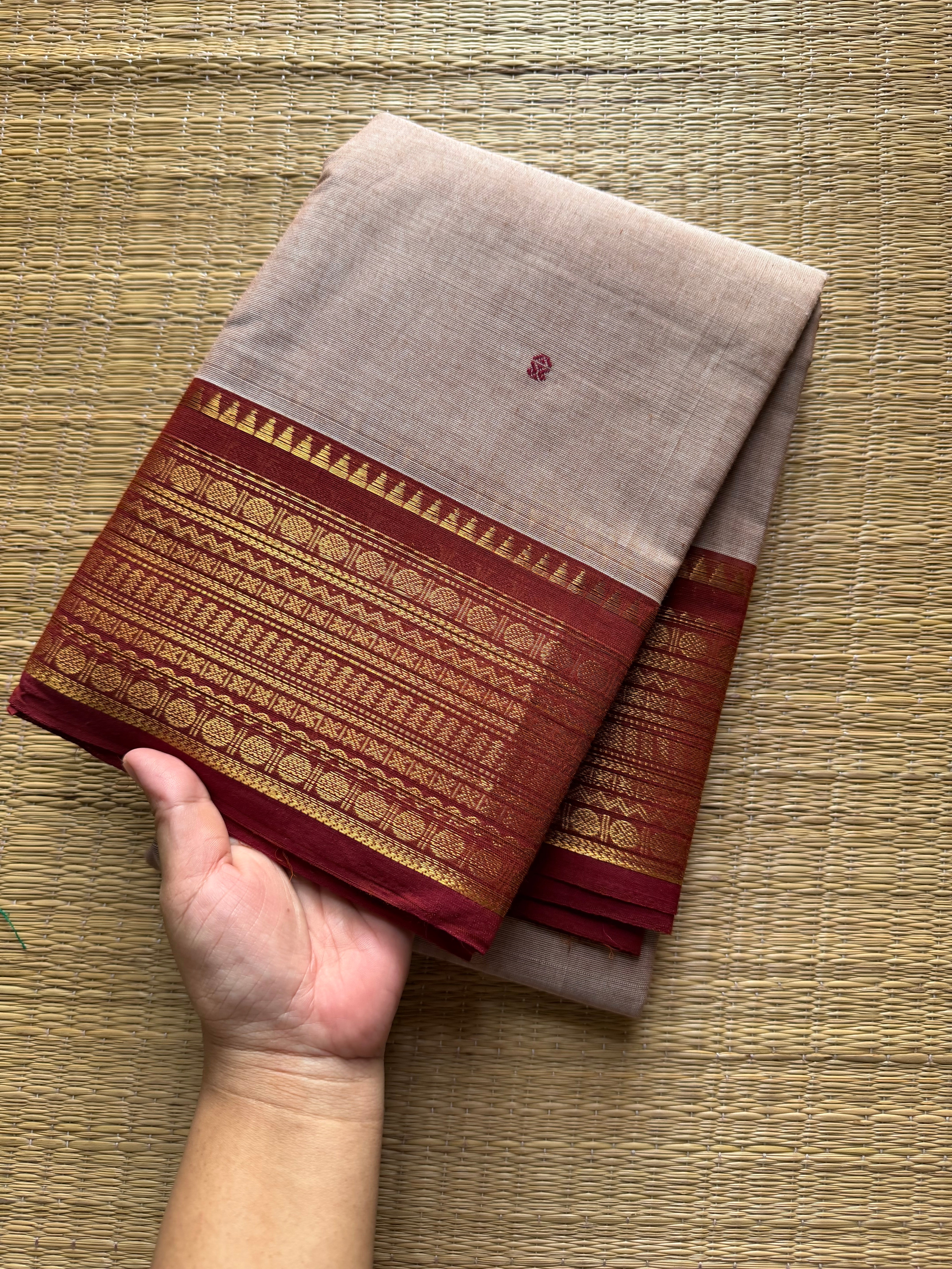 RF447 Beige with contrast rust orange combination Kanchi cotton saree with handmade thread buttas