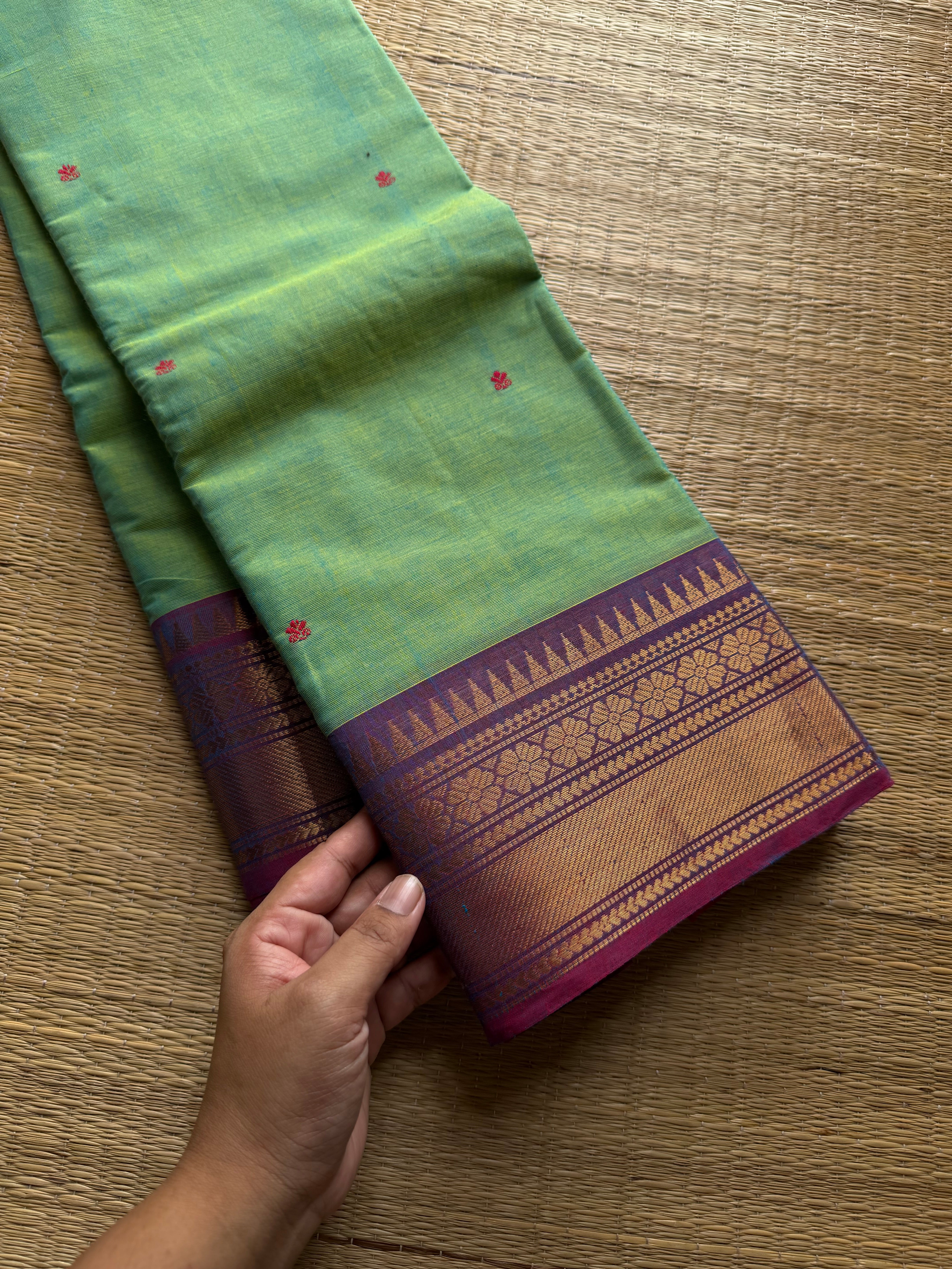 RF544 Dual tone Apple green shade with light purple combination Kanchi cotton saree with handmade thread buttas
