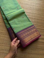 RF544 Dual tone Apple green shade with light purple combination Kanchi cotton saree with handmade thread buttas