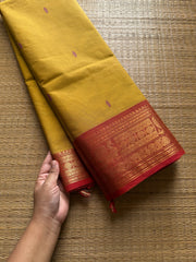 RF653 Mustard yellow with peach shade Kanchi cotton saree with handmade thread buttas