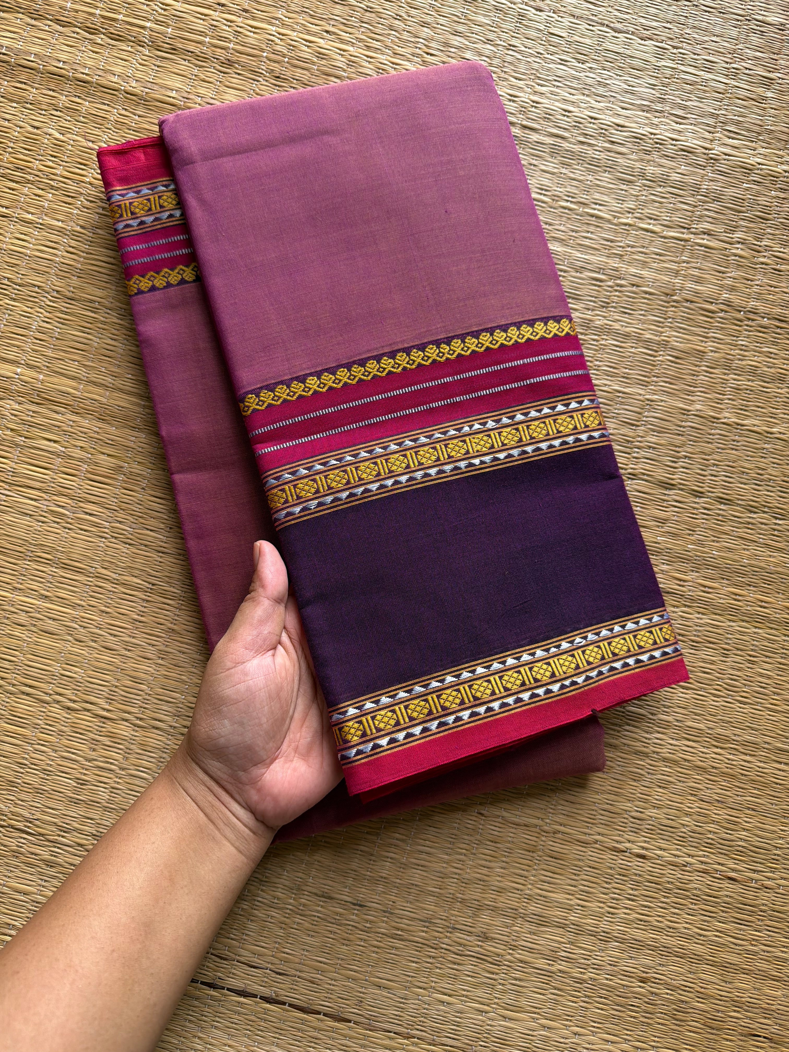 RF485 Dual tone pink with contrast purple vintage style gap border mercerised Narayanpet  cotton saree