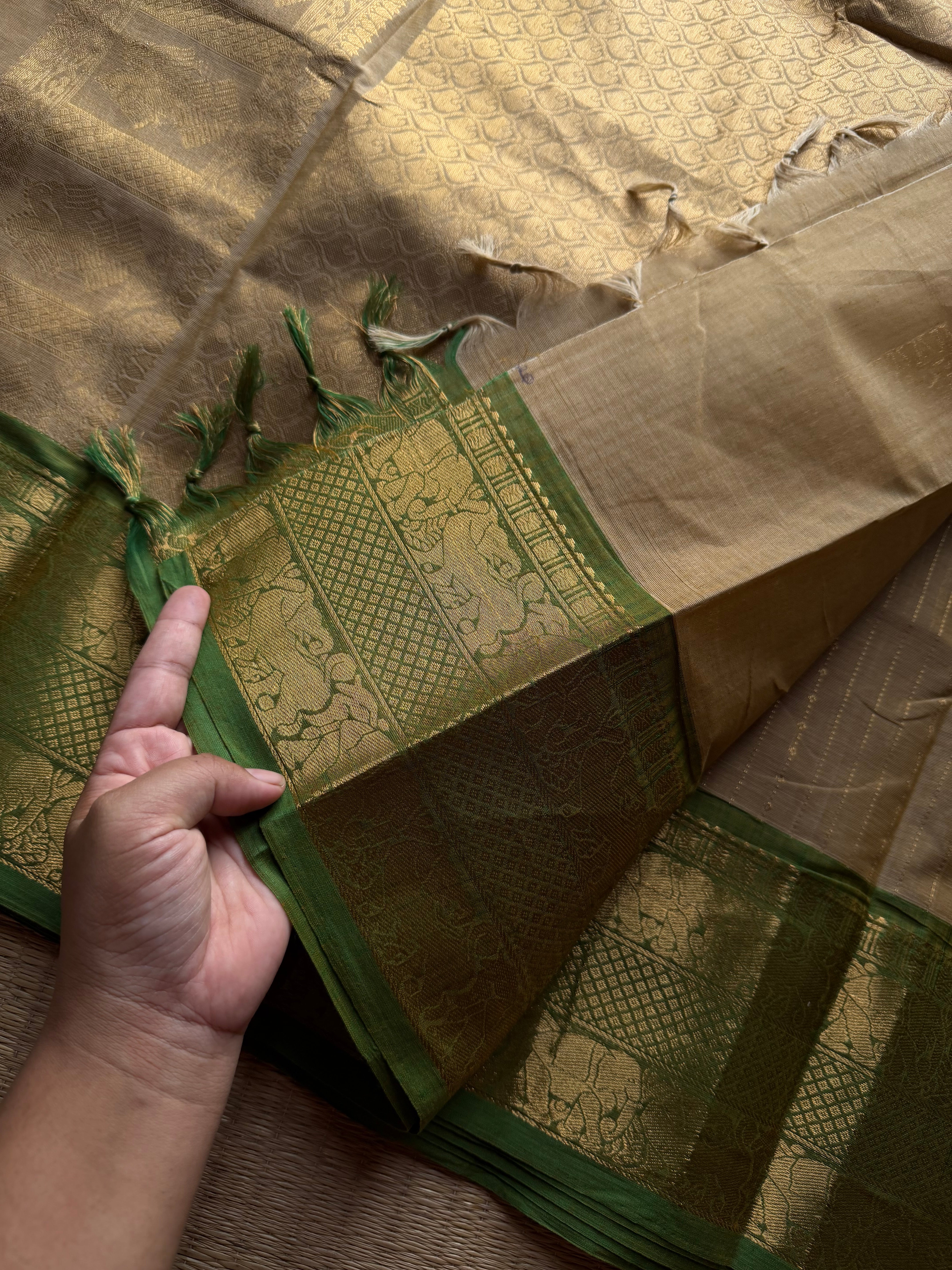 RF1384 Premium Rich Pallu Kanchi cotton saree with Vairaoosi weaving & Yazhi pattern pattern ~ Beige with green