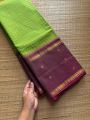 Dual tone Green shade Vintage Border Kanchi Cotton Saree With kattam / checks pattern & handwoven Buttas on the border