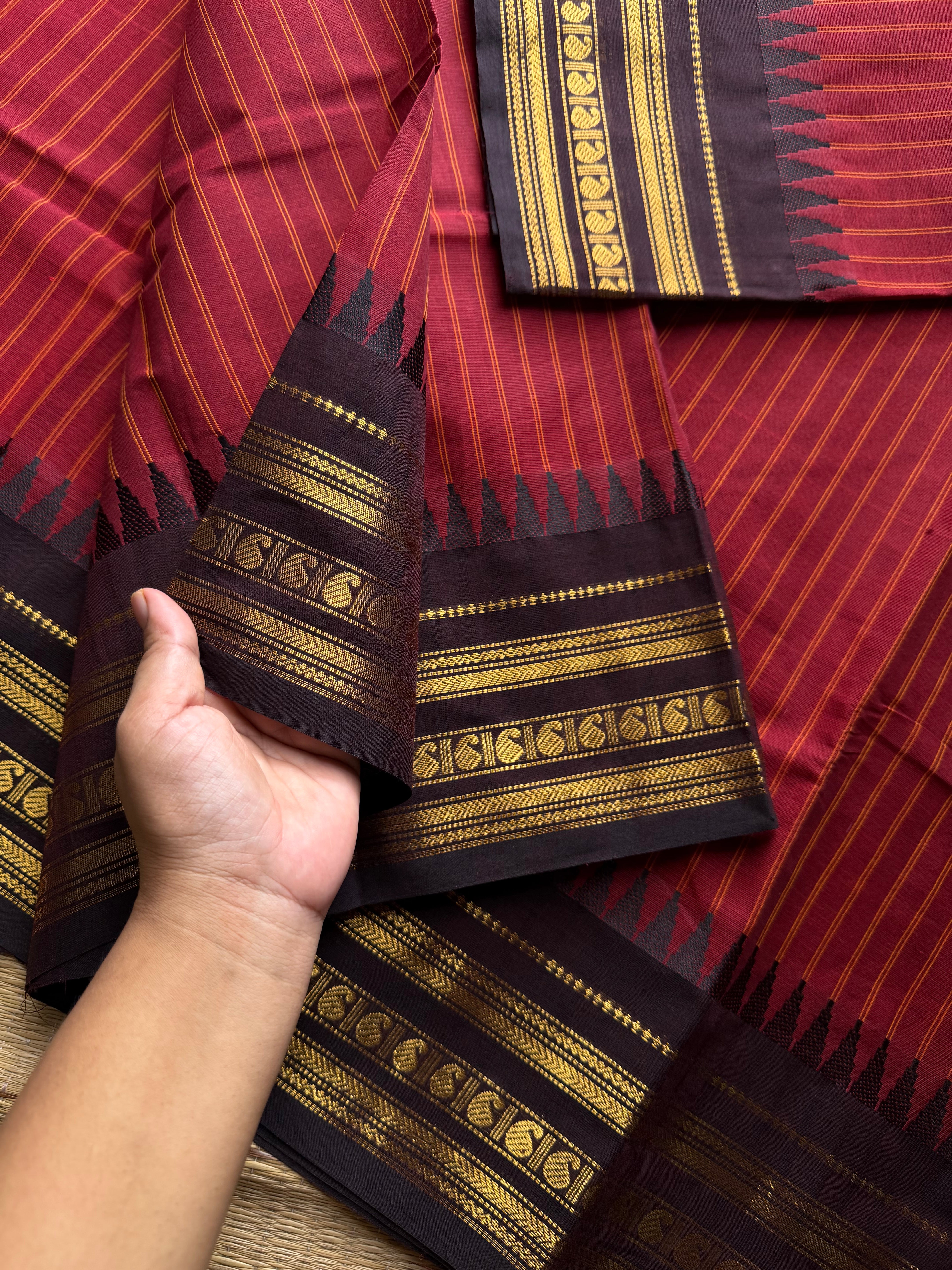 RF1040 Reddish maroon with brown combination Kanchi cotton saree with vertical stripes pattern