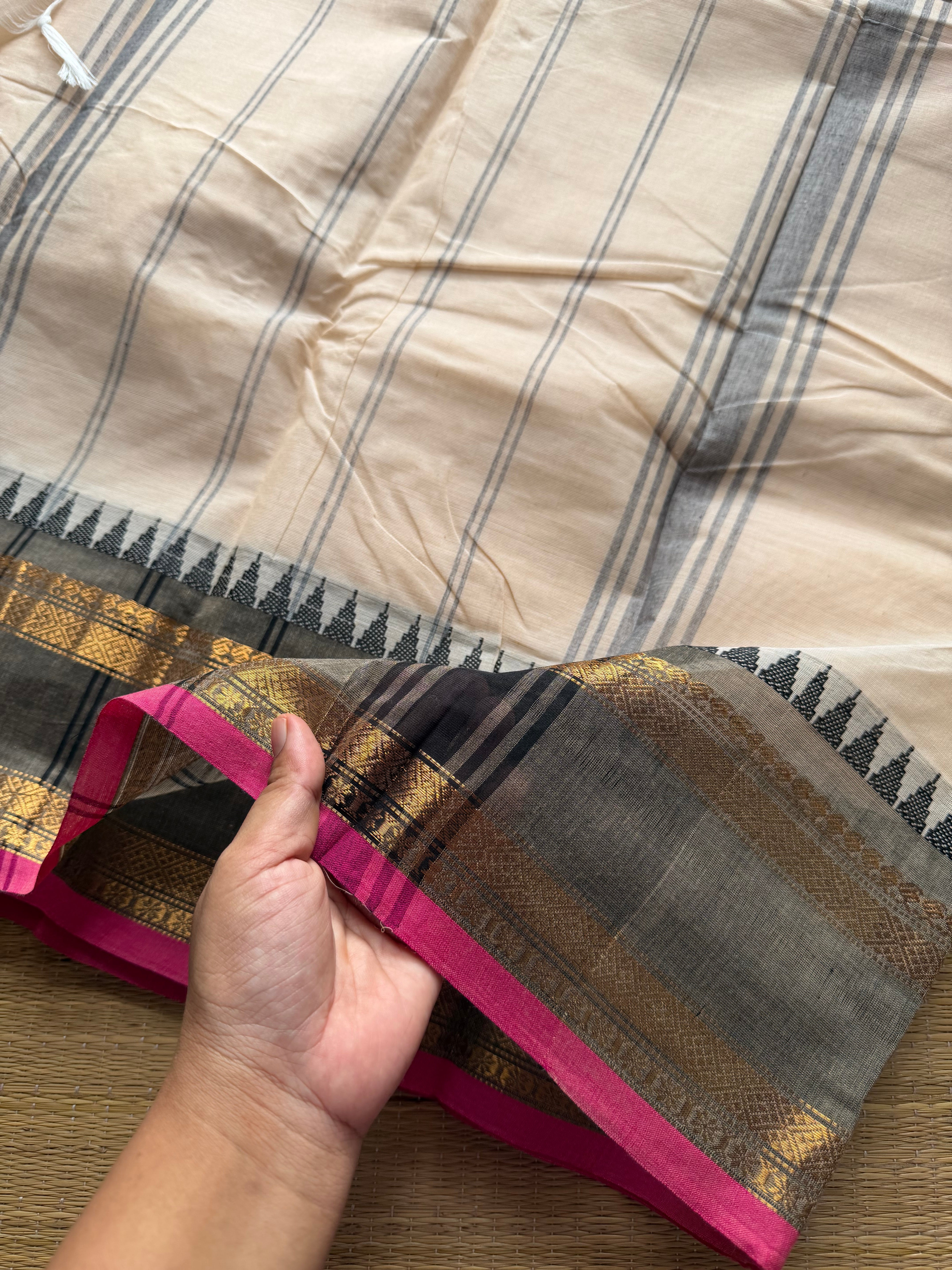 RF399 Half White with grey combination Kanchi cotton saree