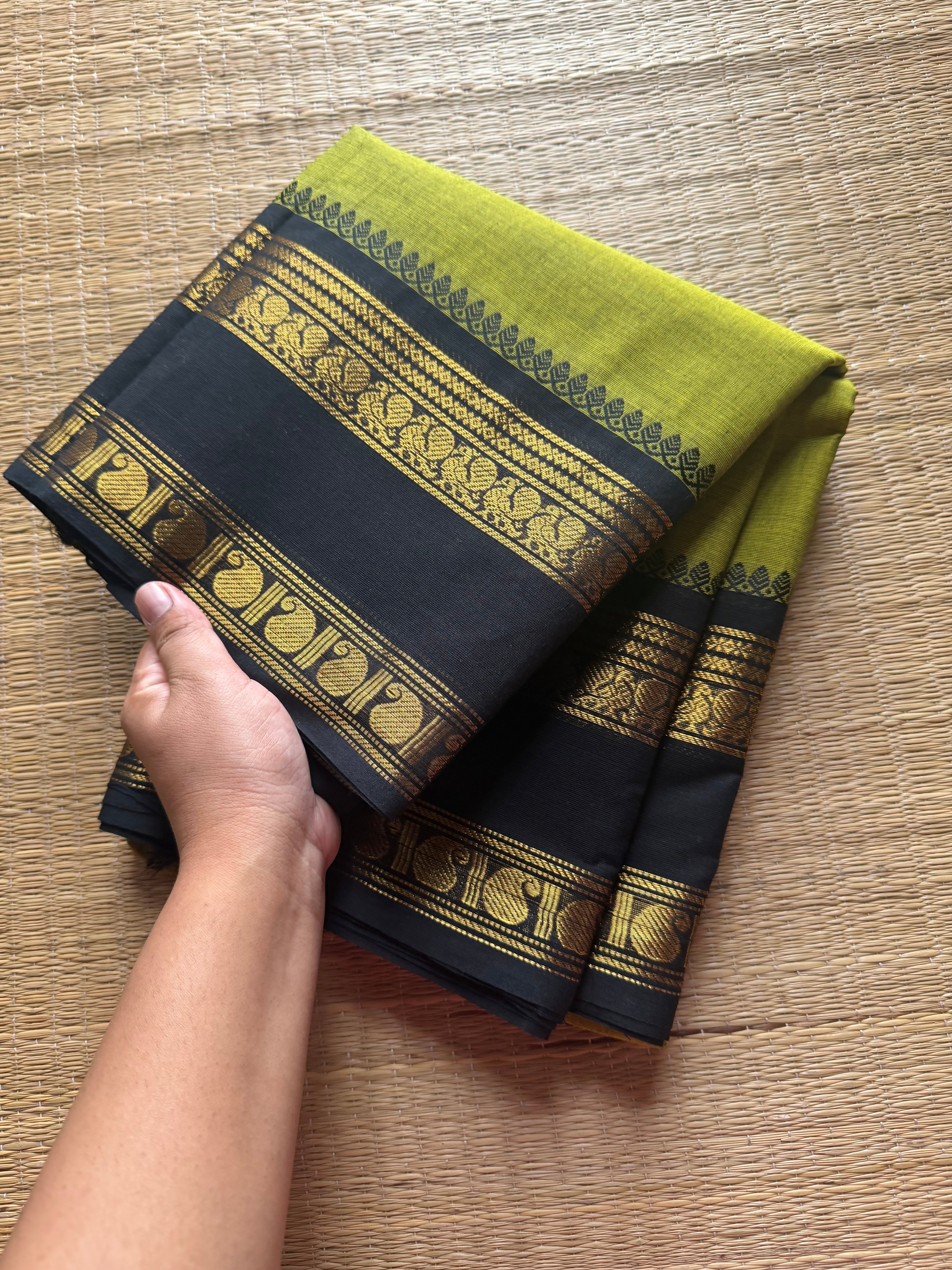 RF512 Green with black combination Kanchi cotton saree With Annam & mango Pattern Gap Border