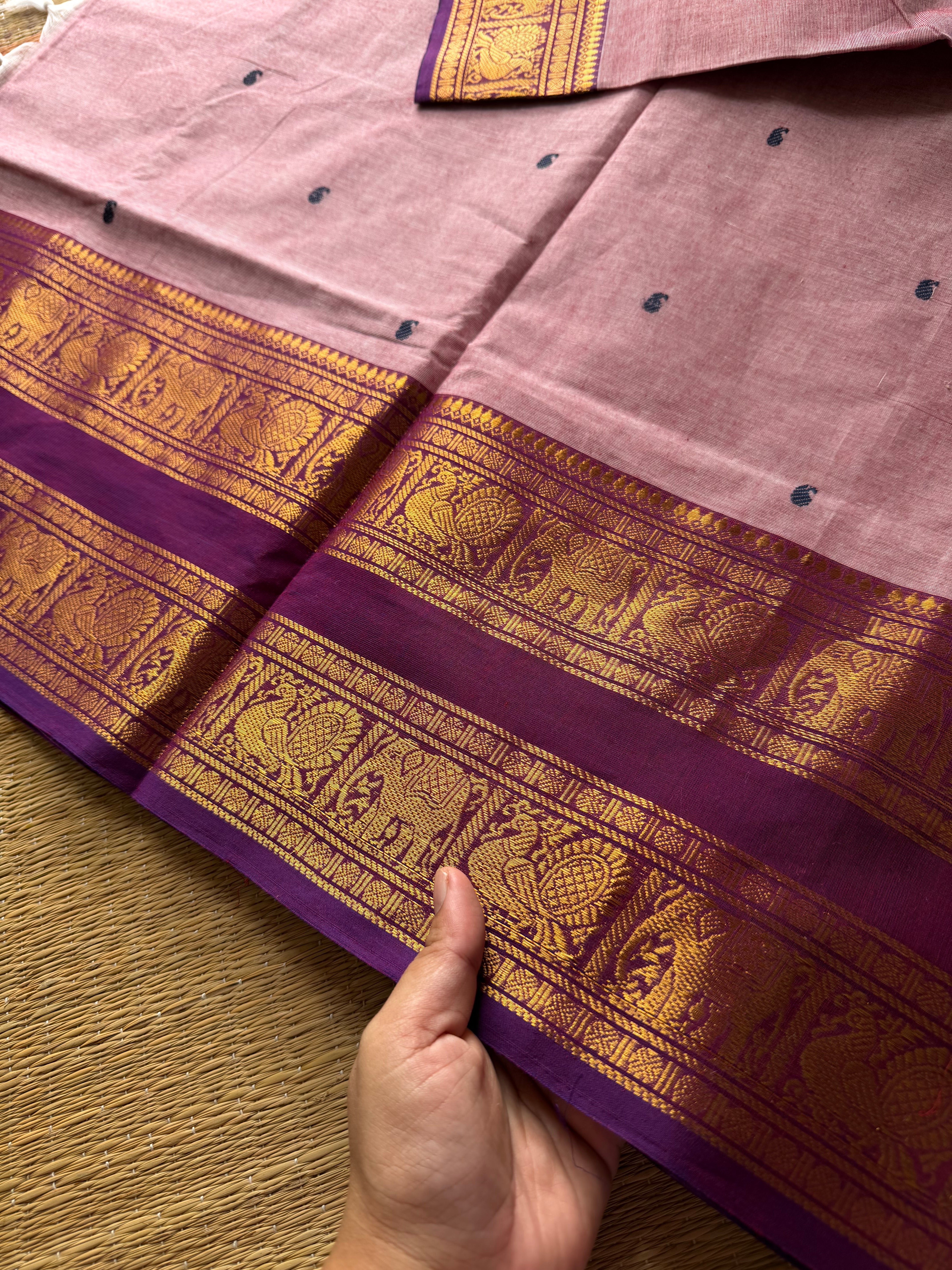 RF495 Pastel pink with purple combination Rettapet border Kanchi cotton saree with handmade thread buttas