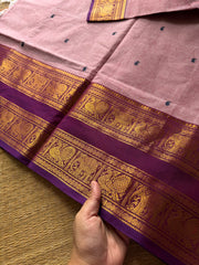 RF495 Pastel pink with purple combination Rettapet border Kanchi cotton saree with handmade thread buttas