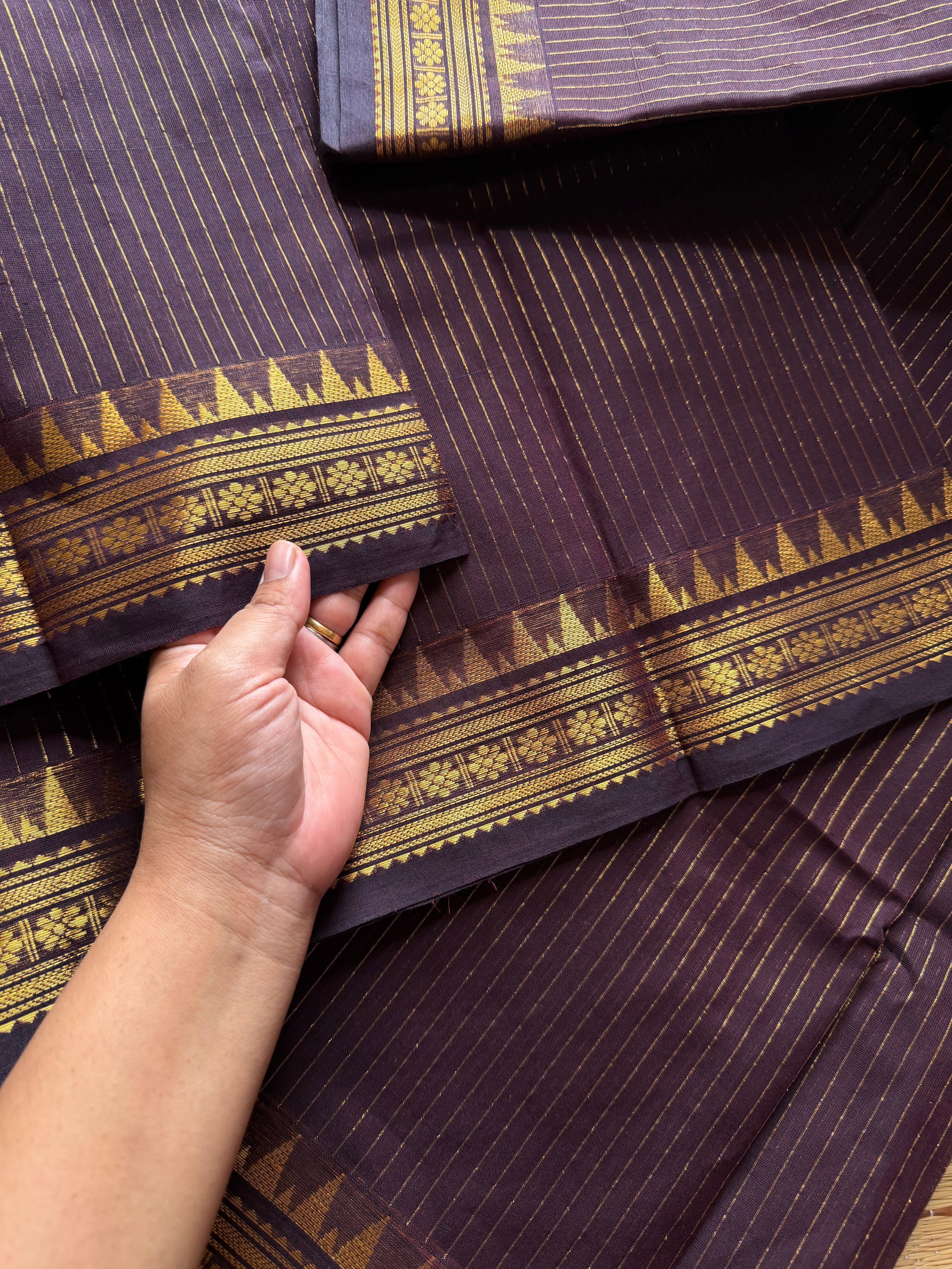 RF481 Monotone Coffee brown shade Kanchi cotton saree with silk saree inspired fully Vaira Oosi pattern and small golden Zari border
