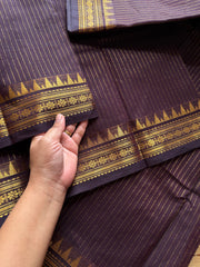 RF481 Monotone Coffee brown shade Kanchi cotton saree with silk saree inspired fully Vaira Oosi pattern and small golden Zari border