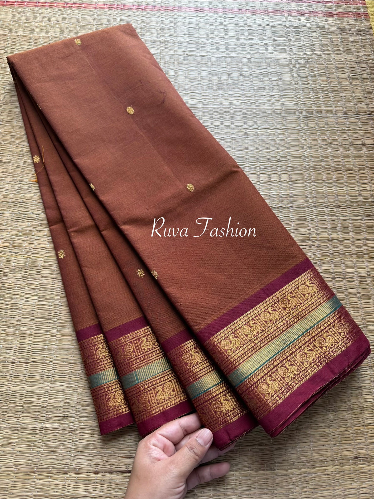 Dark Honey Shade Kanchi Cotton Saree With Contrast Maroon Border With handmade golden Zari Buttas