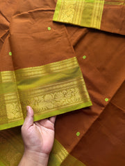 RF591 Rust wood brown shade with lime green combination Kanchi cotton saree with handmade thread buttas & floral pattern border
