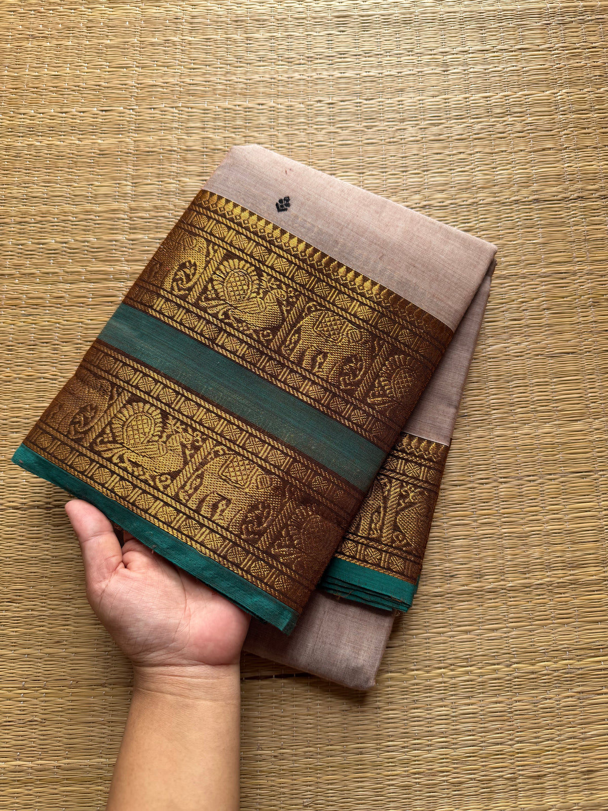 RF412 Dual tone cream shade with green combination Kanchi cotton saree with handmade thread buttas