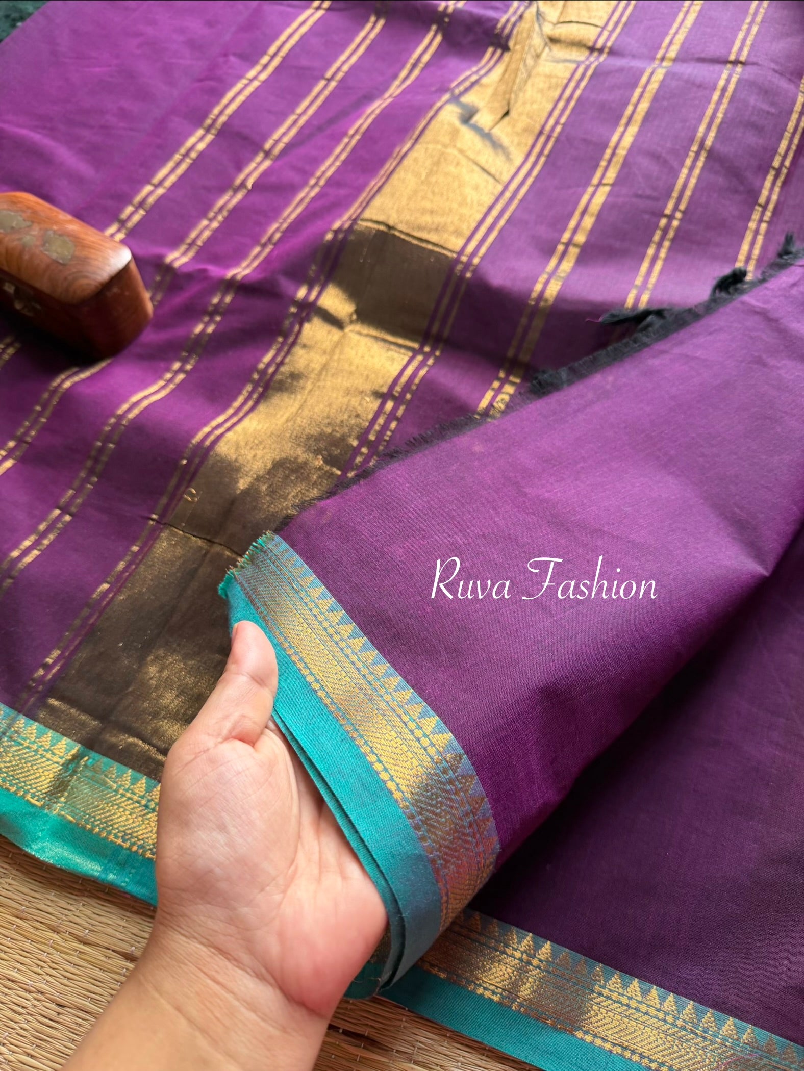 RF85 Purple with blue combination small Zari border Kanchi cotton saree