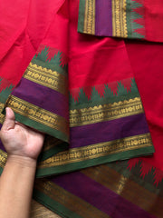 RF542 Reddish maroon shade Kanchi cotton saree with contrast Thazhampoo pattern gap border