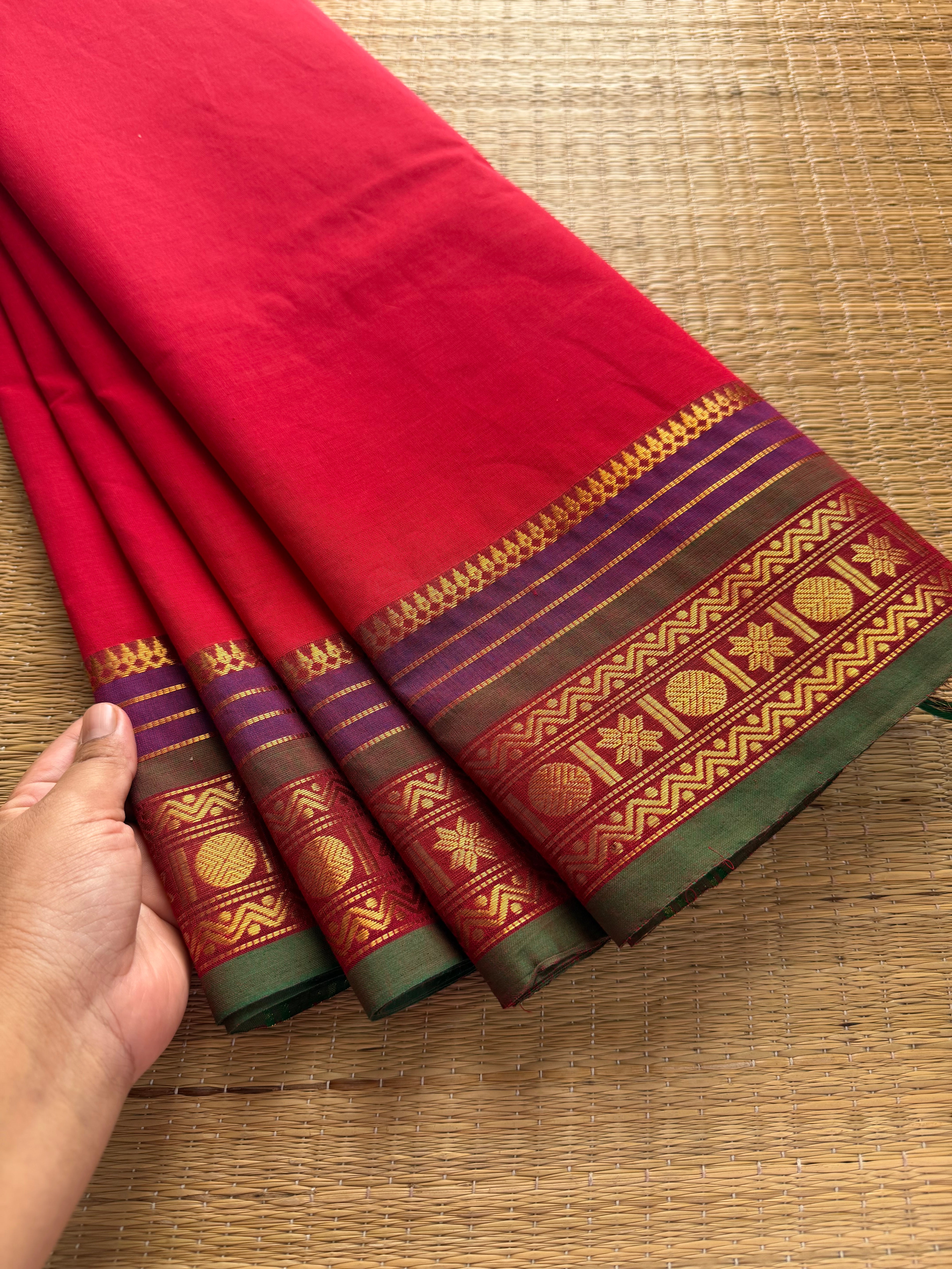 RF397 Red Shade Kanchi Cotton Saree with multi color contrast border