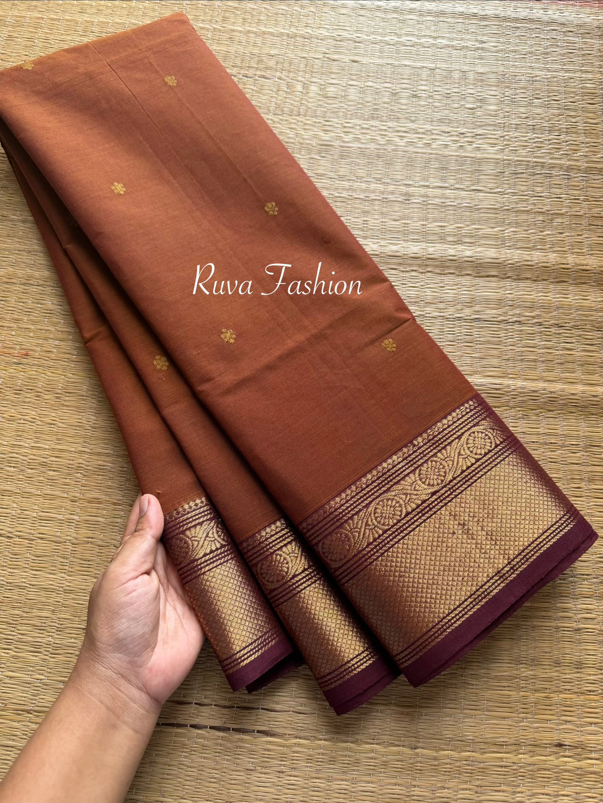 Dark Honey Shade With Brown border combination Kanchi cotton saree with handmade thread buttas