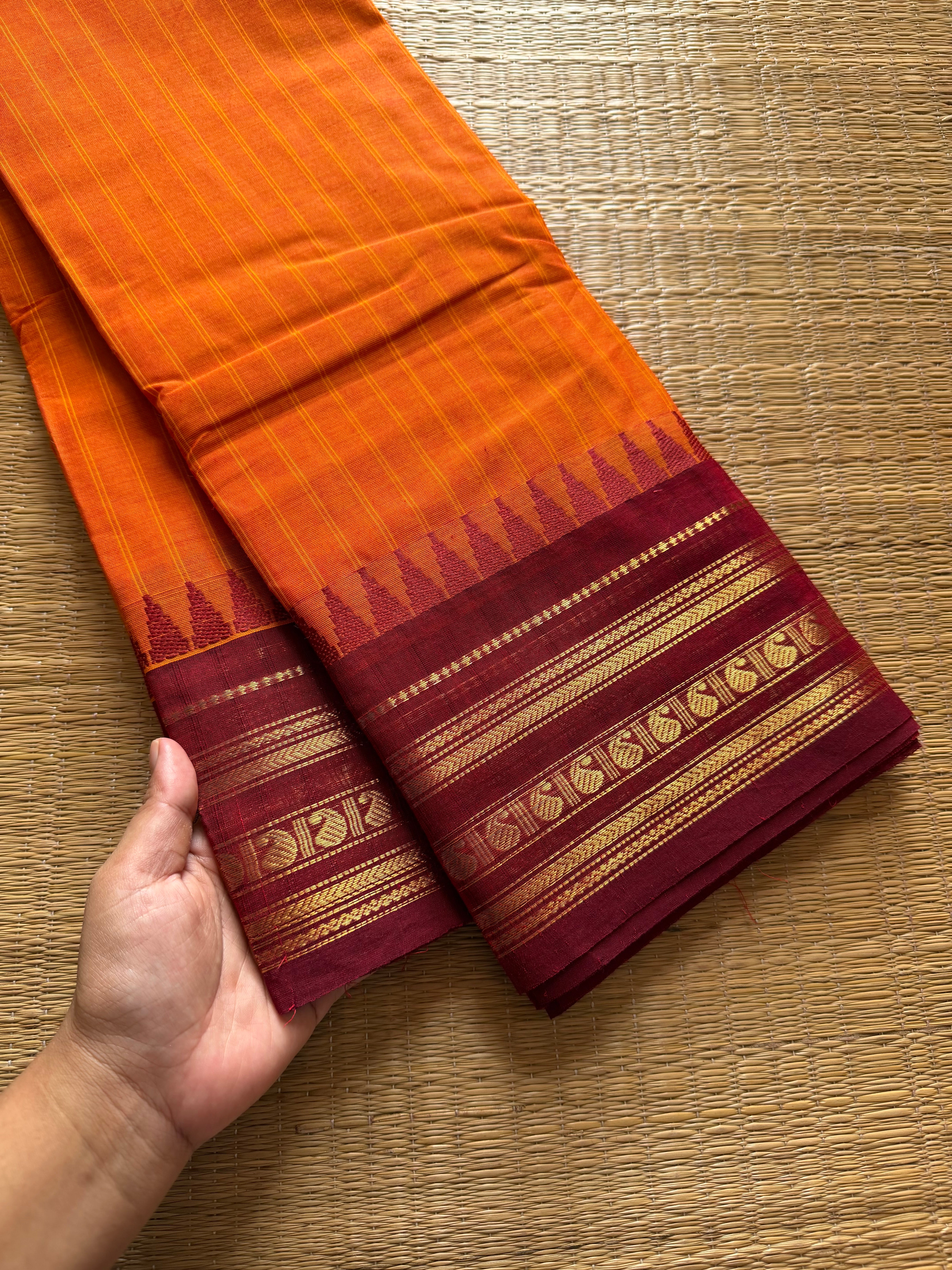 RF323 Orange with maroon combination Kanchi cotton saree with vertical striped pattern & mango Zari border