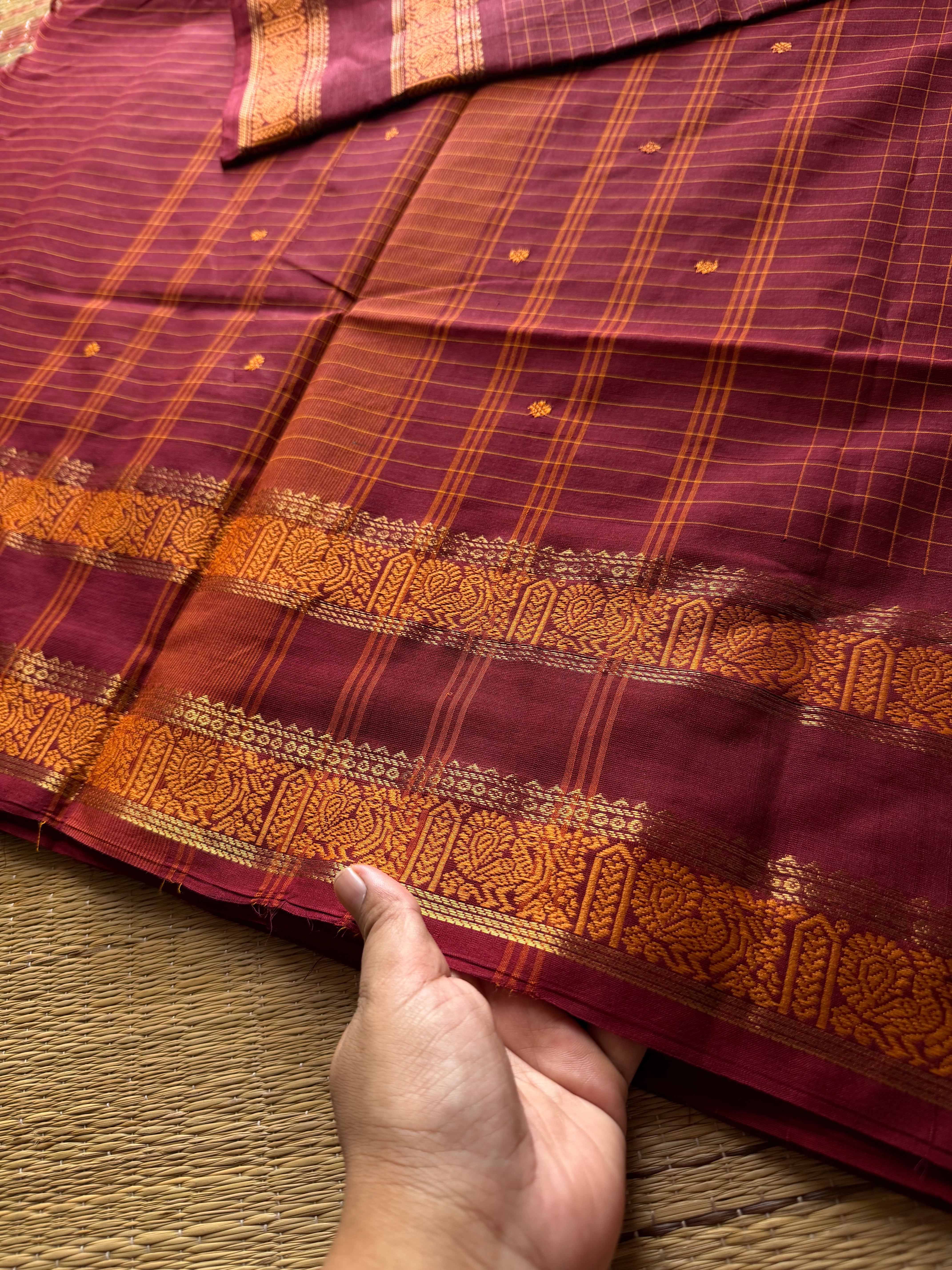 RF553 Maroon Kattam Edition: Kanchi Cotton Saree with Minimal Zari & handmade thread buttas