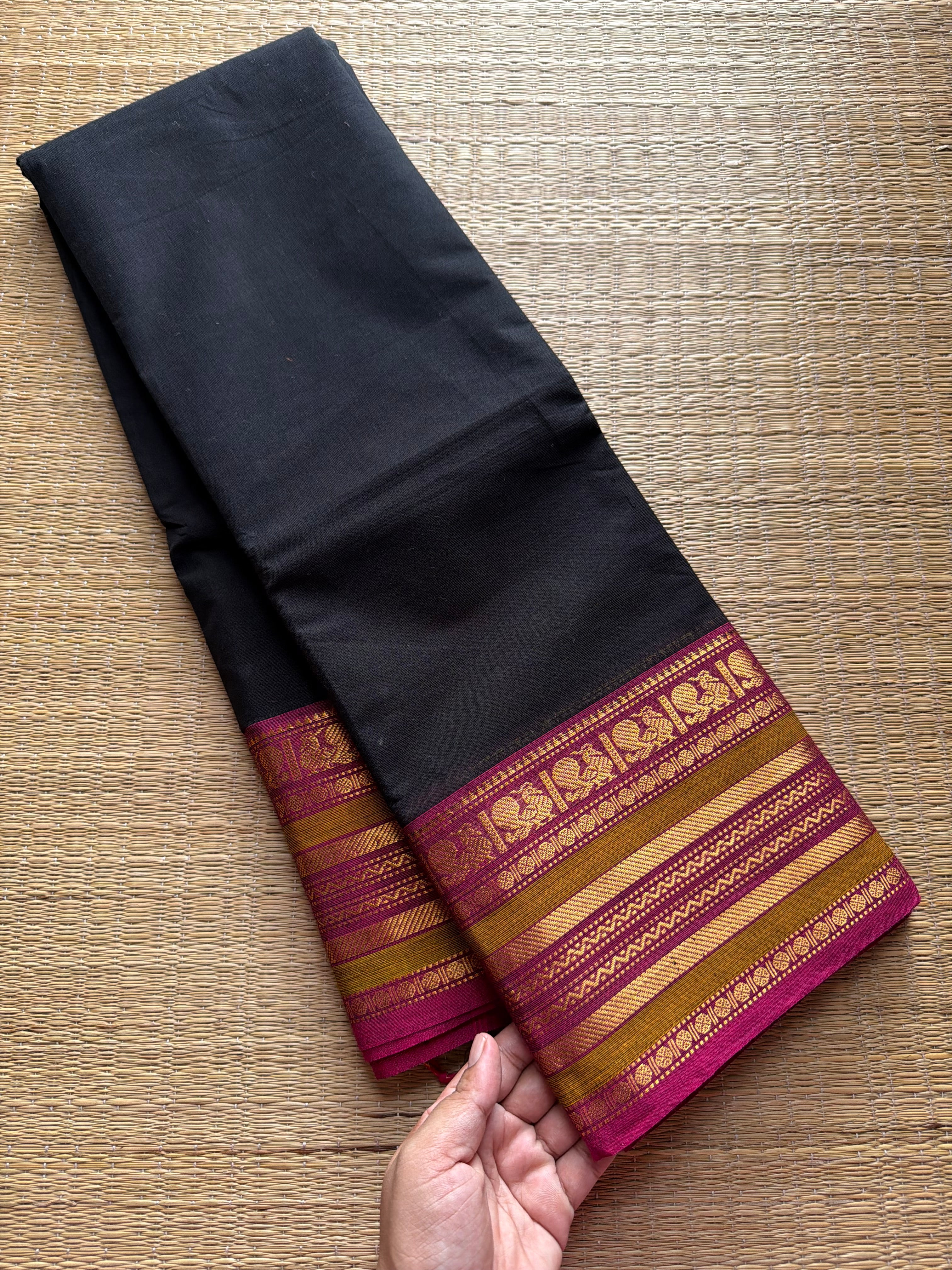 RF409 Black Kanchi cotton saree with contrast magenta pink silk saree inspired Varisaipet border