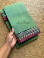 RF119 Dual Shade Turquoise Green shade Mercerised Narayanpet cotton saree with small contrast border