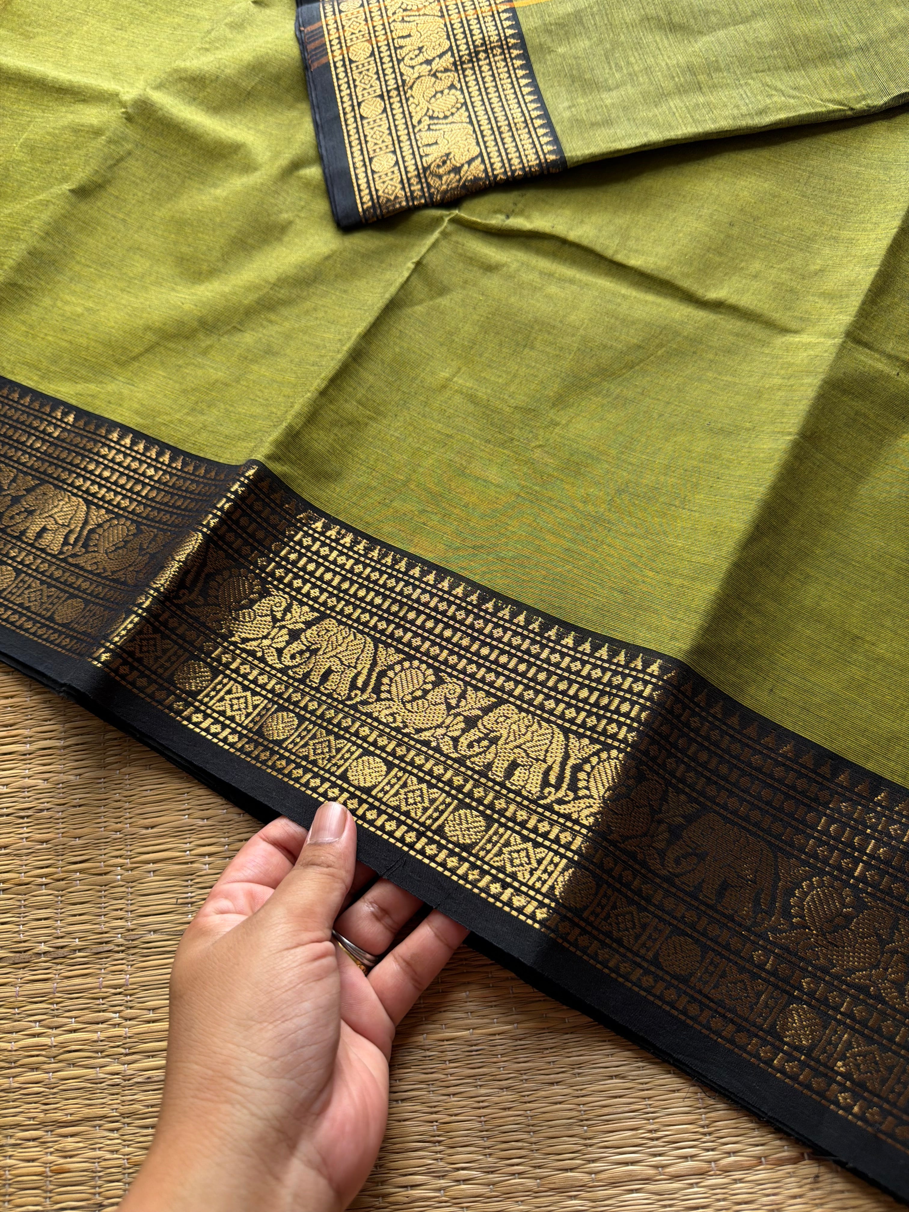 RF693 Green with black ~ Silk Saree Inspired Kanchi Cotton saree