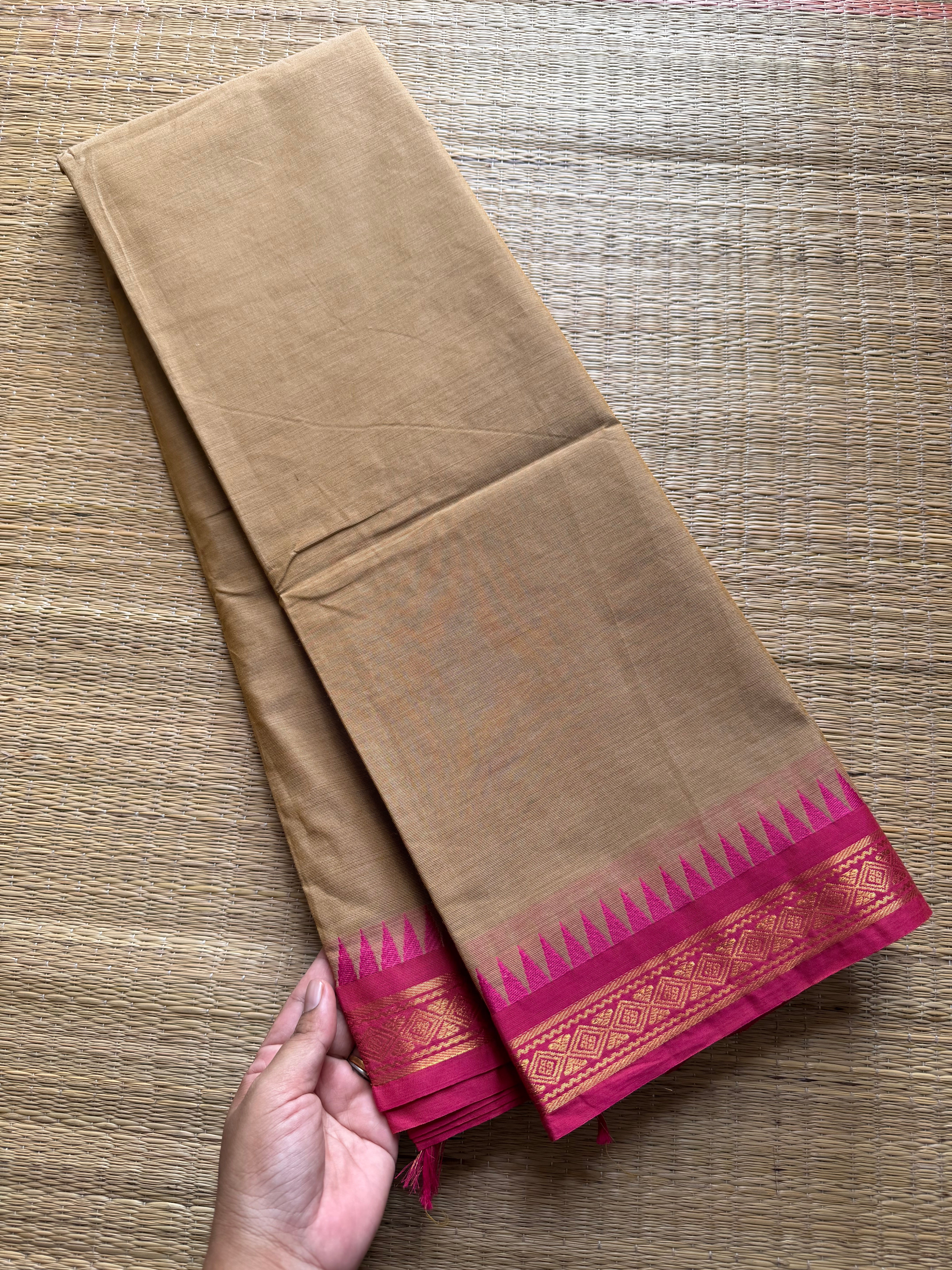 Cream with pink small border Kanchi cotton saree