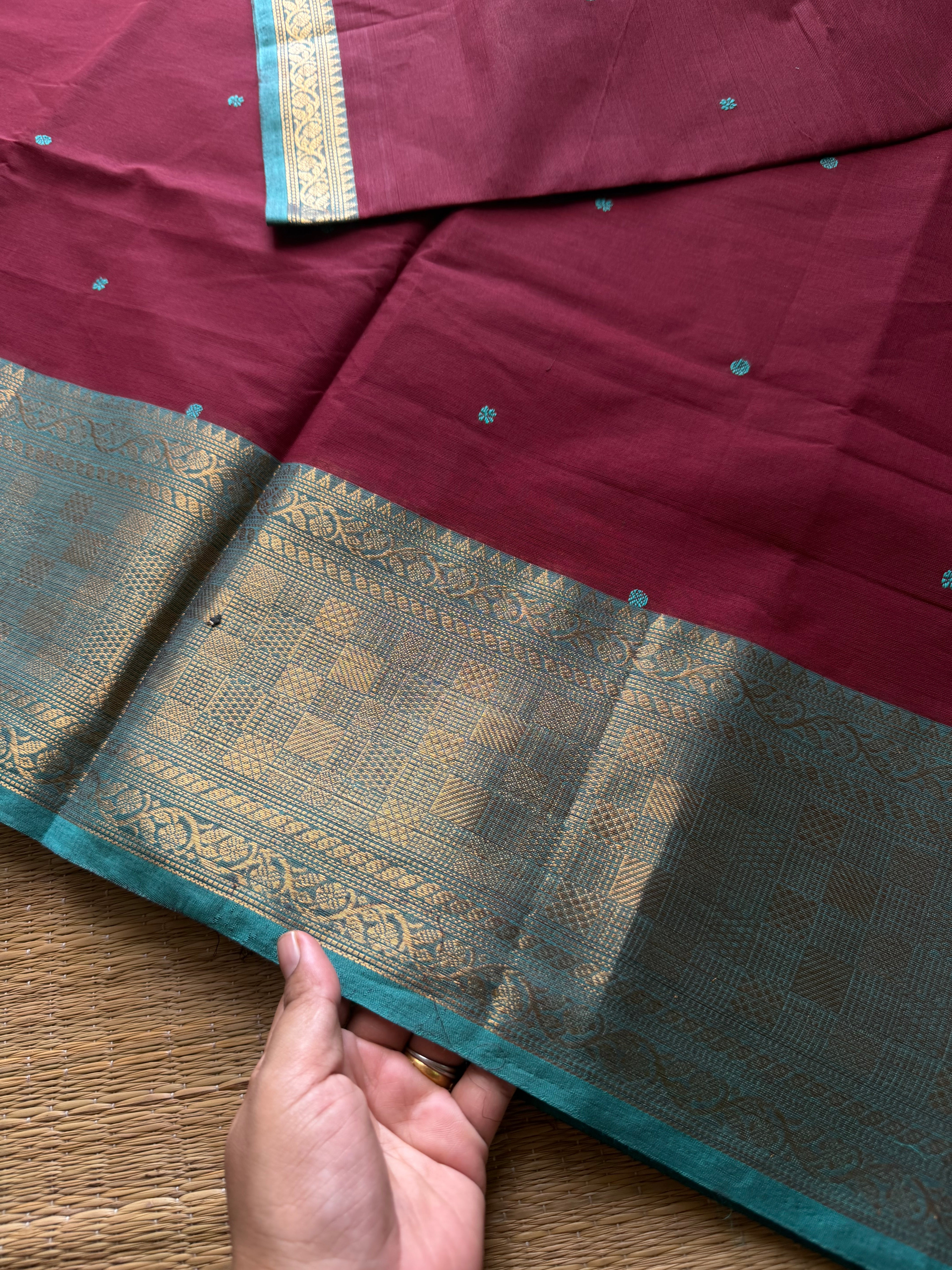RF649 Dark magenta pink with sky blue combination Kanchi cotton saree with handmade thread buttas