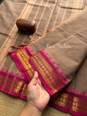 RF73 Biscuit & grey dual shade with contrast pink Zari border Kanchi cotton saree with Podi Kattam / small checks pattern
