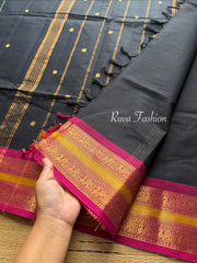 Black Kanchi Cotton Saree With Contrast Pink Zari Border with handmade golden Zari Buttas