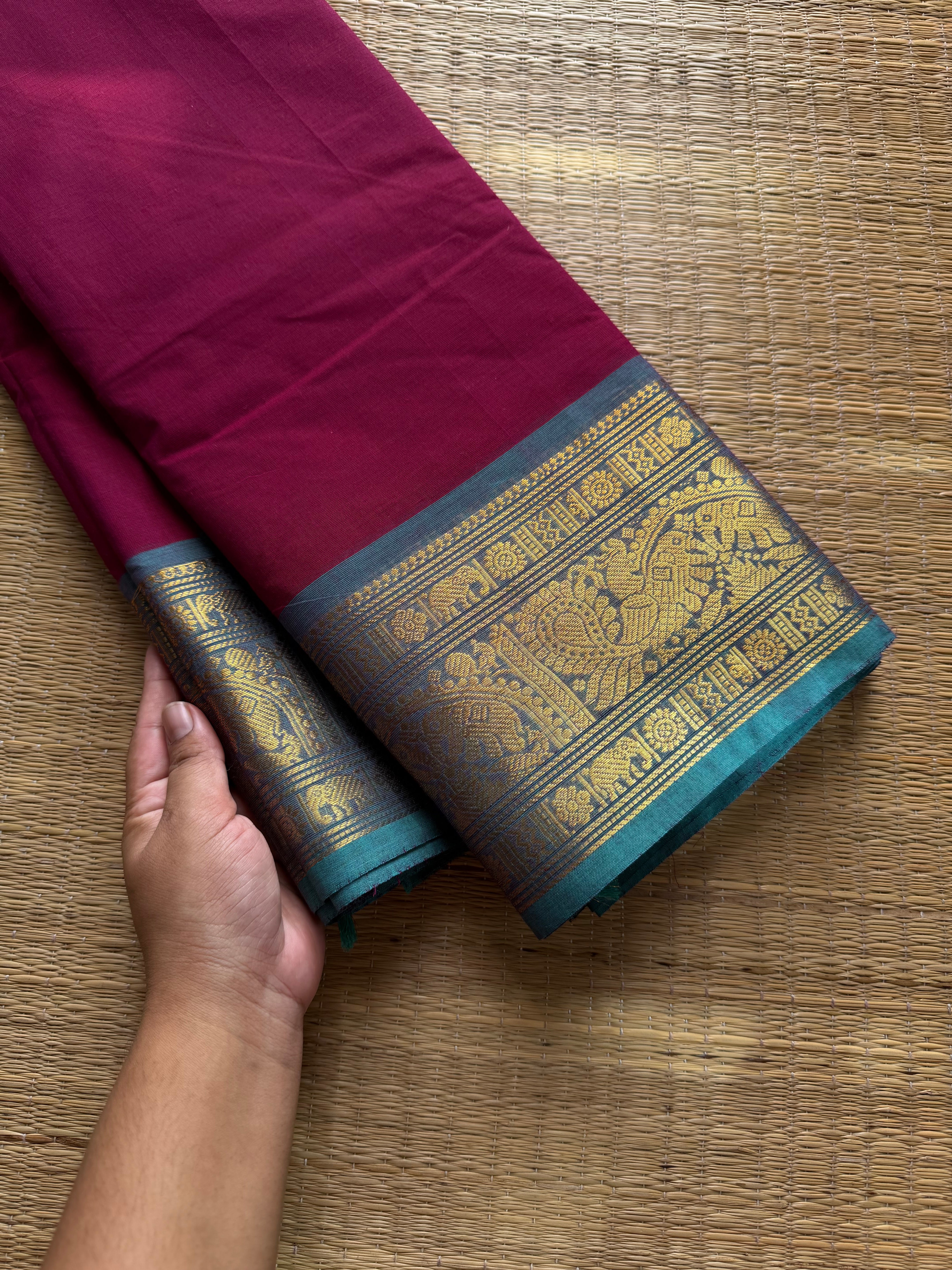 RF679 Dark magenta pink shade Kanchi cotton saree with silk saree inspired Annam and elephant pattern border
